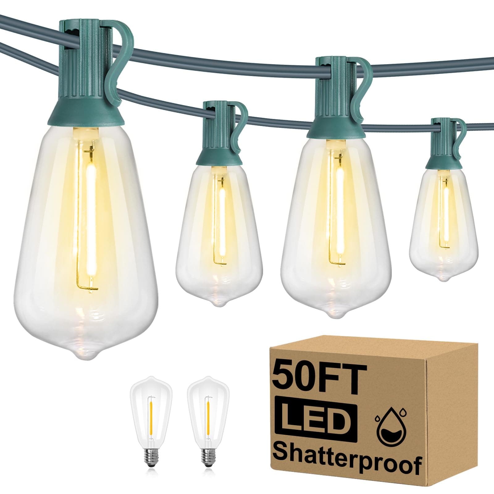 Brightever 50FT Outdoor String Lights Waterproof, 2700K Bright LED Patio Lights with 27 ST38 Shatterproof Vintage Bulbs, Retro Edison String Lights for Outside, Garden, Christmas Decor, Green Wire