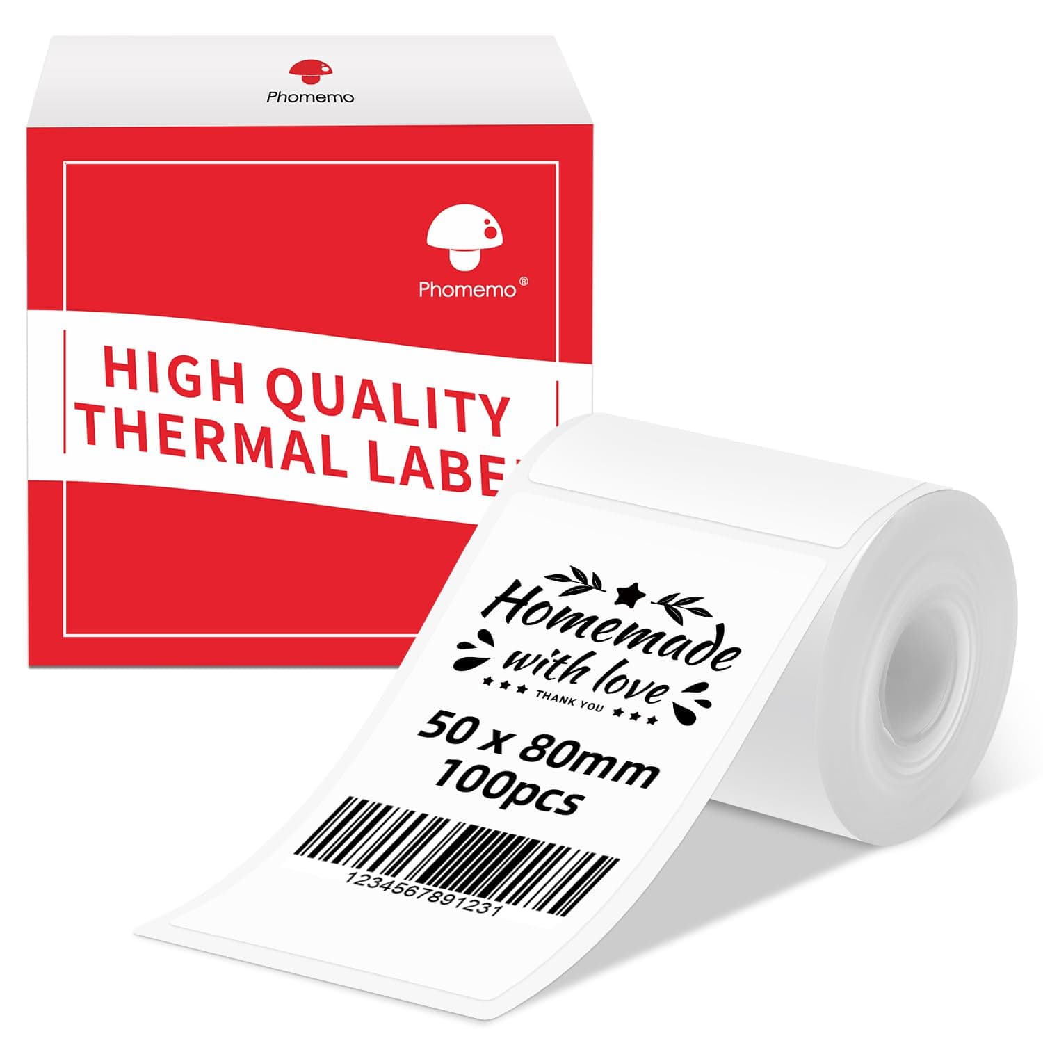 Phomemo Labels for M110 M120 M221 M200 M220 M150 M250 M260 M108 M100 Label Printer, Thermal Paper for Small Business, Barcode, Address, Clothing, Black on White 1.97"x3.15"(50x80mm) 100Label/Roll