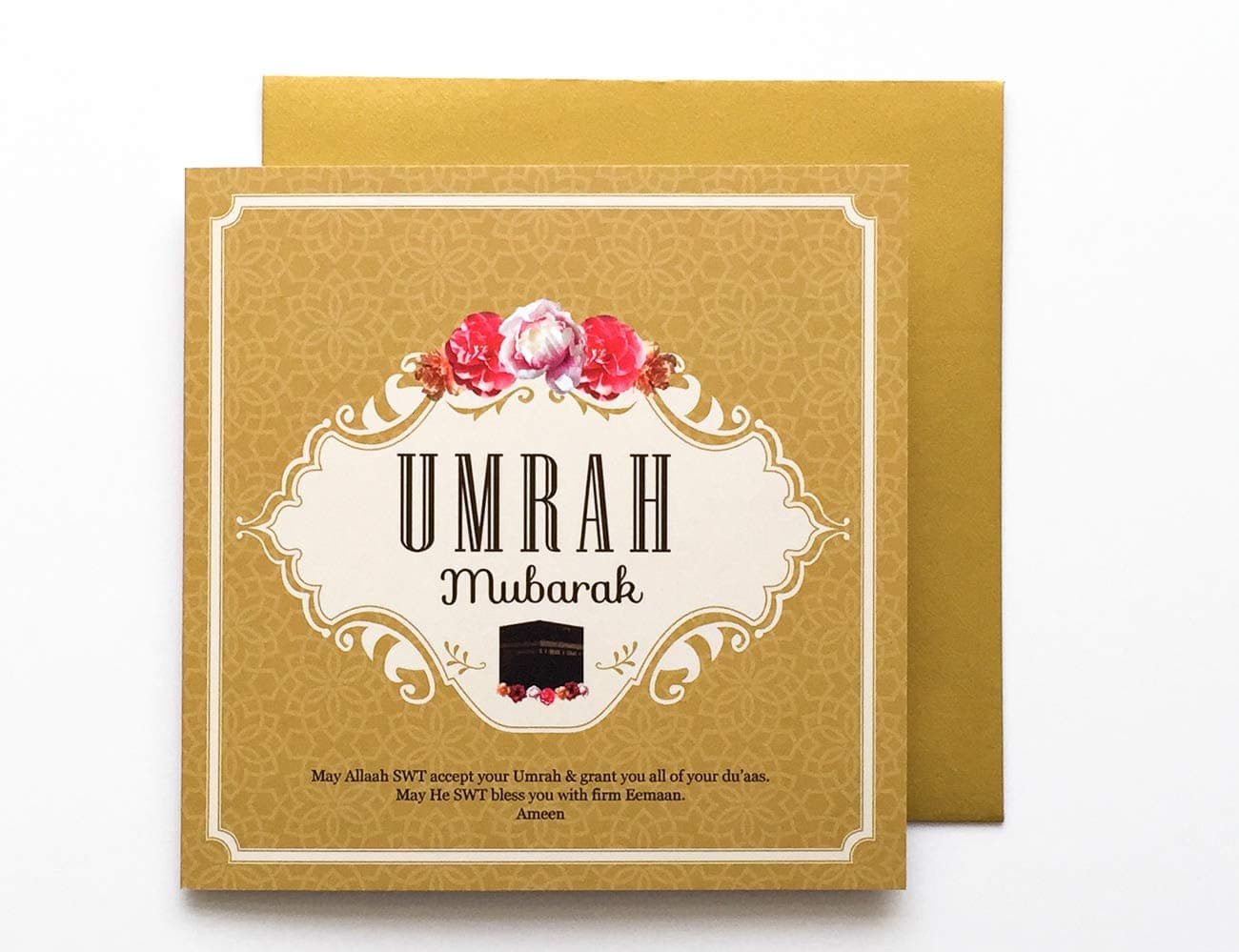 Umrah Mubarak Card, with Gold Coloured Envelope, Single Islamic Greeting Card