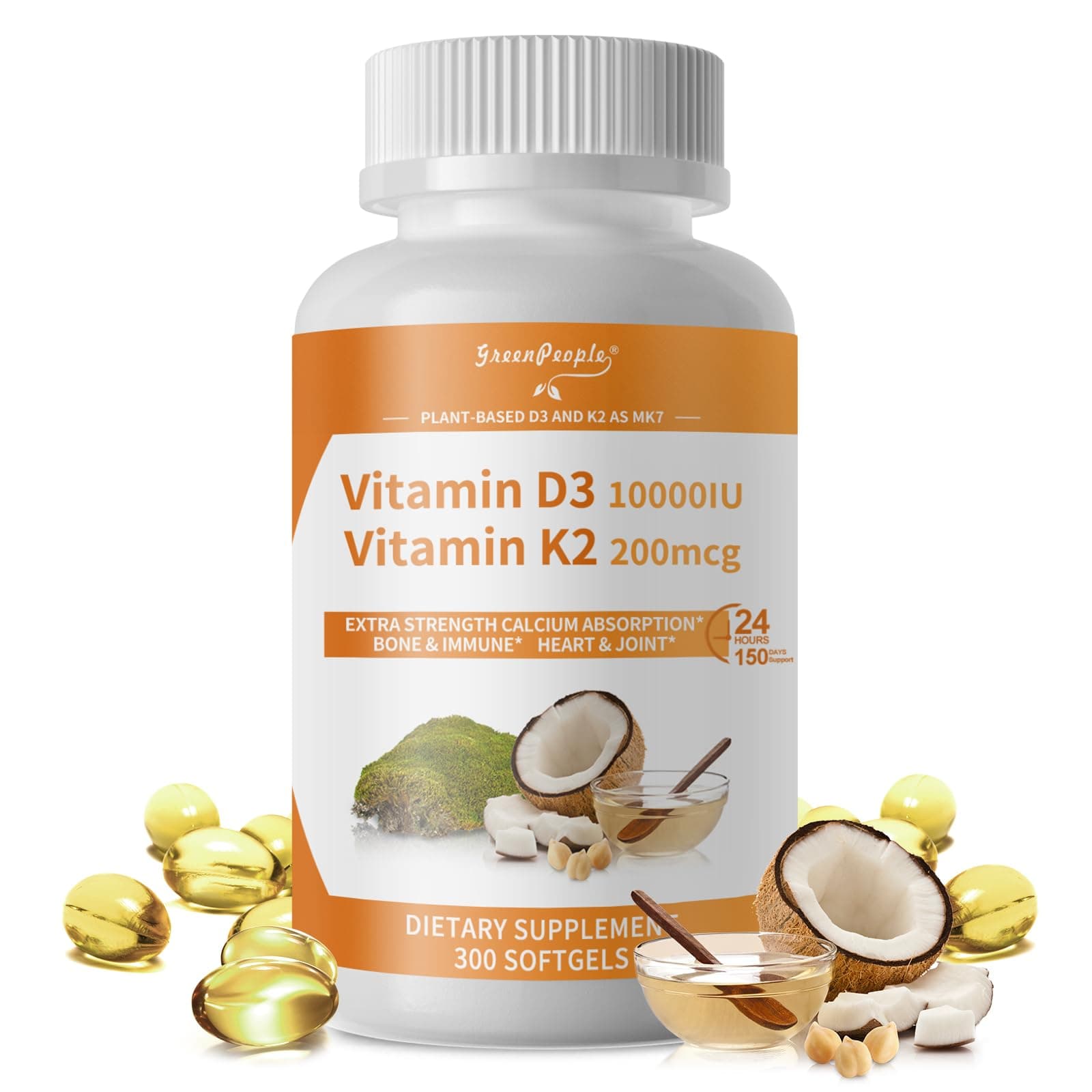 K2 D3 Vitamin Supplement, Vitamin D-3 & K-2 MK-7, 10,000 IU/200 mcg, with Virgin Non-GMO Coconut MCT Oil | 300 Vegan Softgels | Bone Health, Immune Support