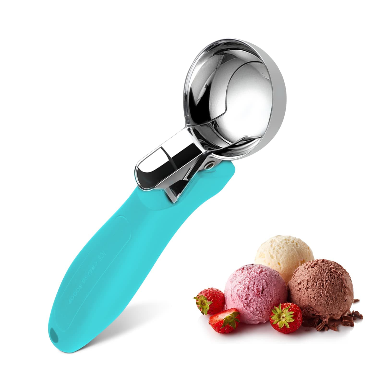 Ice Cream Scoop, Large Cookie Scoop with Ergonomic Soft Grip Handle, Heavy Duty Multifunctional Baking Scooper for Sundaes, Cupcake, Dough, Protein Balls and Meatballs (1, Lake Blue)