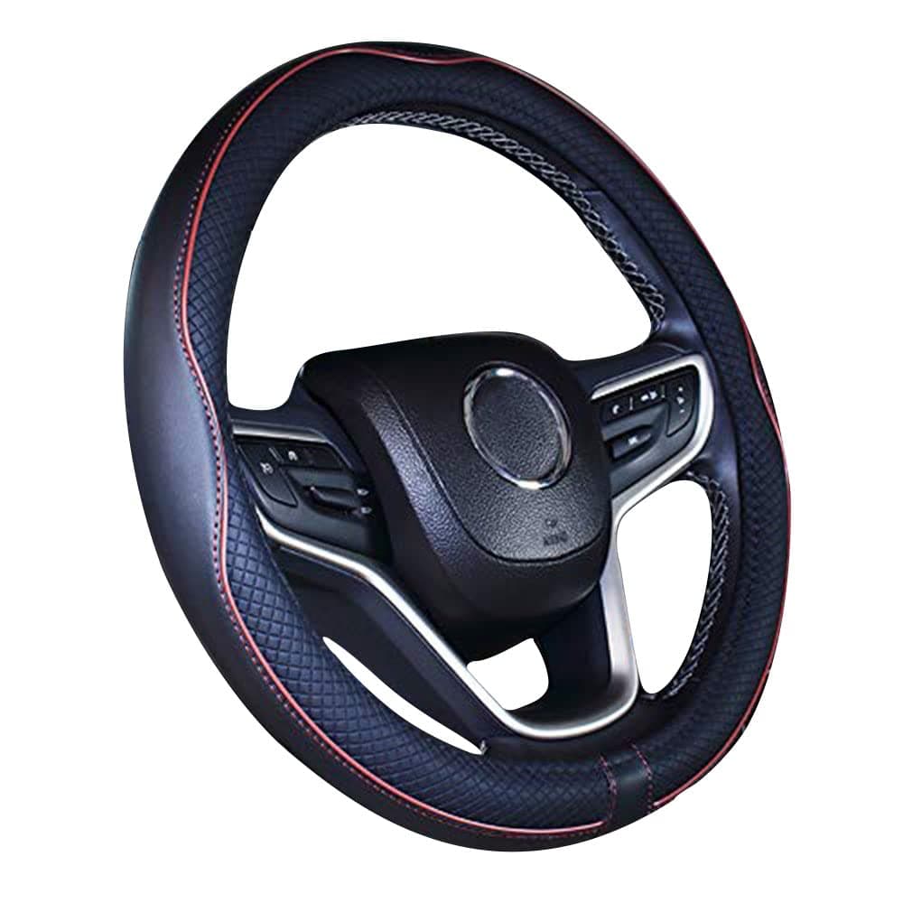 Microfiber Leather Car Steering Wheel Cover Universal 15 inch/38cm Breathable Anti-slip Protector for Auto/SUV (Wine Red,14.5-15")