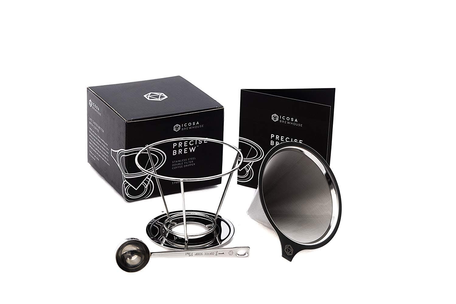 PreciseBrew Removable Stainless Steel Paperless Pour Over Coffee Dripper Set with Double Mesh Filter, Stand, and Coffee Scoop