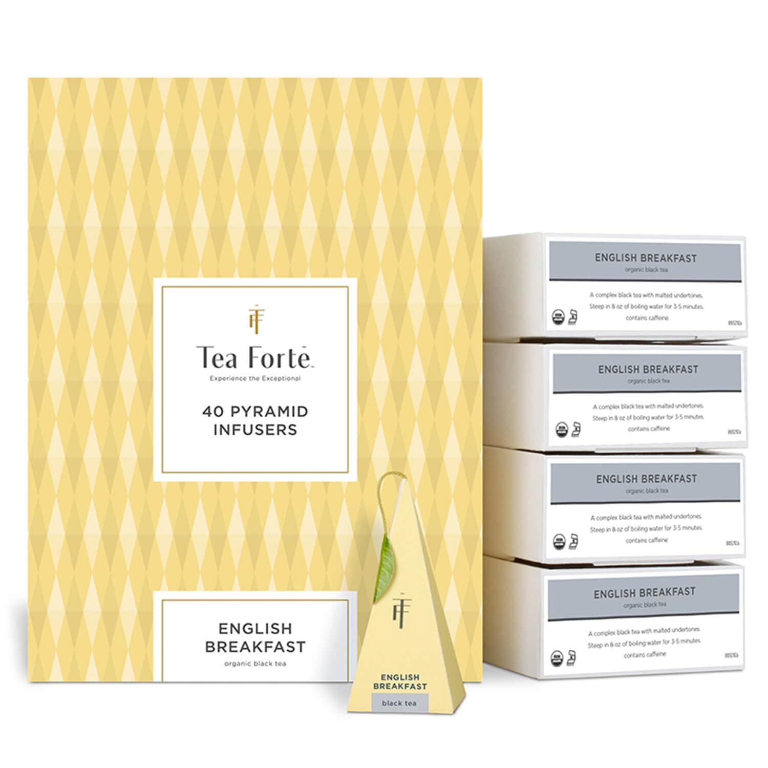 Tea Forte English Breakfast Premium Organic Caffeinated Black Tea Blend Event Box, Bulk Pack 40 Count, 10 per tray Individually Wrapped Handcrafted Pyramid Infusers