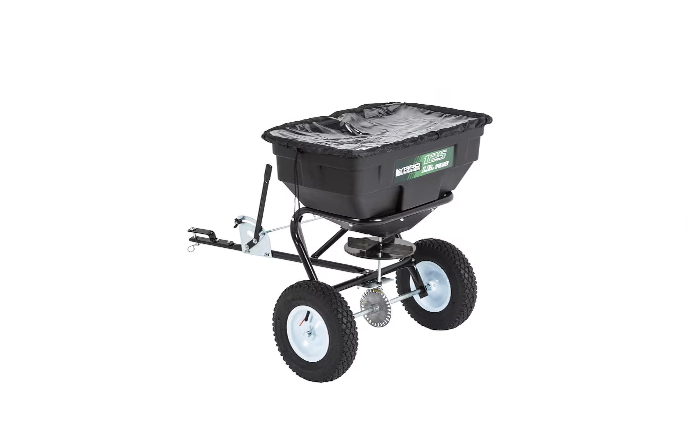 Yard Commander - 125-Pound Tow Behind Broadcast Fertilizer Spreader - Durable Composite Corrosion Resistant Hopper - Premium Aluminum Cast Gears - Gate Lever for Easy Spread Control