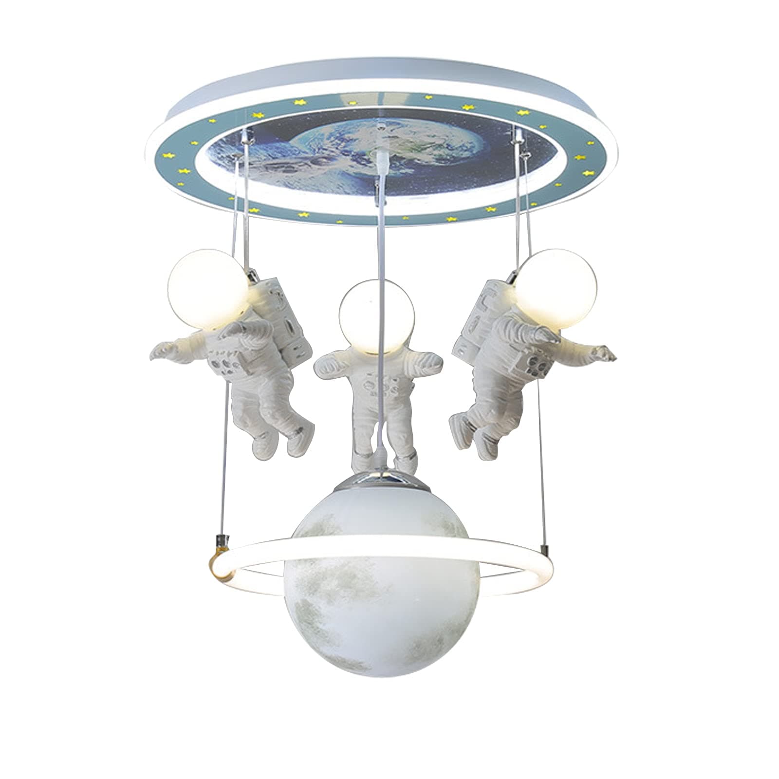 Cartoon Spaceship Astronaut Ceiling Light Astronaut Moon Landing Ceiling Light Modern Cartoon Blue Planet Astronaut Moon Landing Head Glowing Spaceman Planet Decoration Chandelier Children's Room
