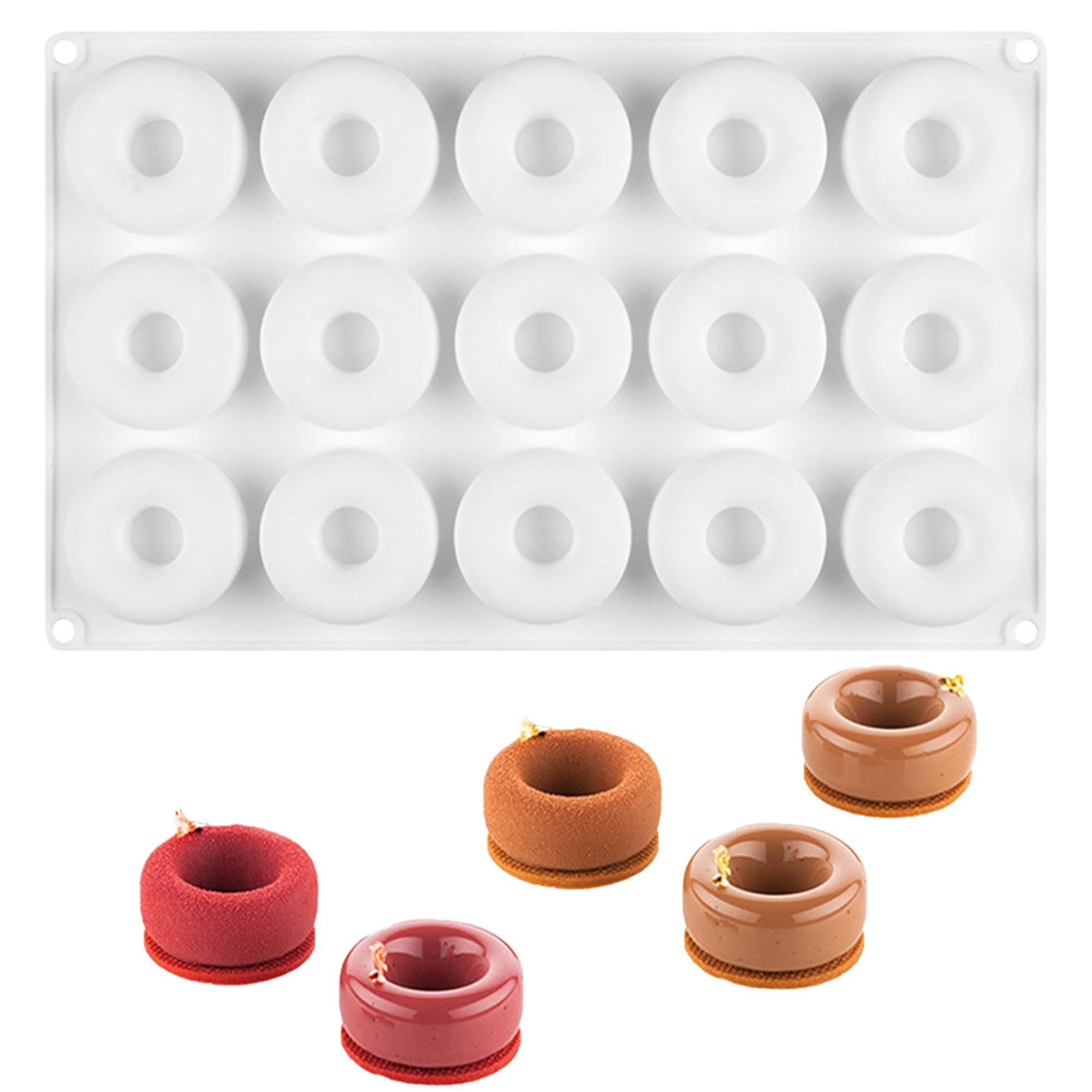 OCPO KITCHEN Silicone Doughnut Moulds, Silicone Doughnut Baking Mould Non-Stick Food Grade Silicone Baking Moulds for Sweets, Muffins, Chocolate, Jelly, Ice Cubes (15 Cavities)