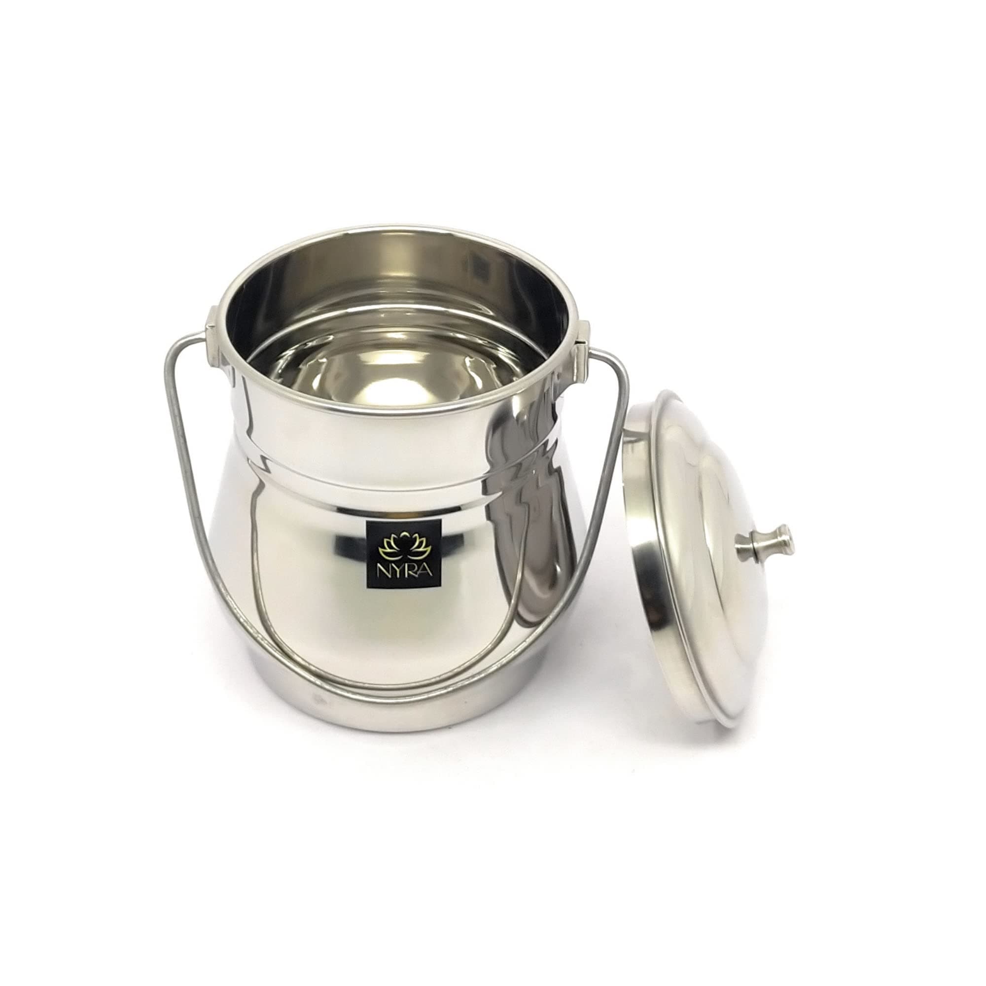 NYRA® Stainless Steel Milk Pot/Container with lid | Flat Bottom dolu for ghee, Oil, Curd, Grains, pulses | dolchi for Milk (1.6 Cylindrical, 1, Stainless Steel Multipurpose Container)
