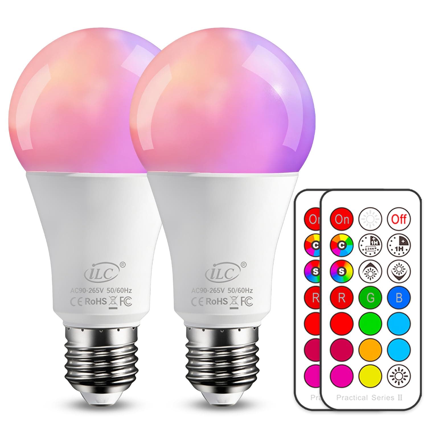 ILC Color Changing LED Light Bulbs, 70W Equivalent, 2700K Warm White A19 E26 Screw Edison Base RGBW Dimmable - 12 Color Choices - Timing Infrared Remote Control Included (2 Pack)