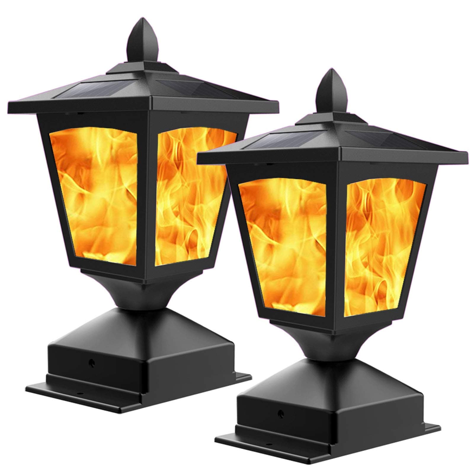 BlueYang 1.28W Outdoor Post Cap Flickering Flame Waterproof Deck Lamp Post Top Solar Powered LED Light (Black , 2 pack, 4 x 4,Plastic)