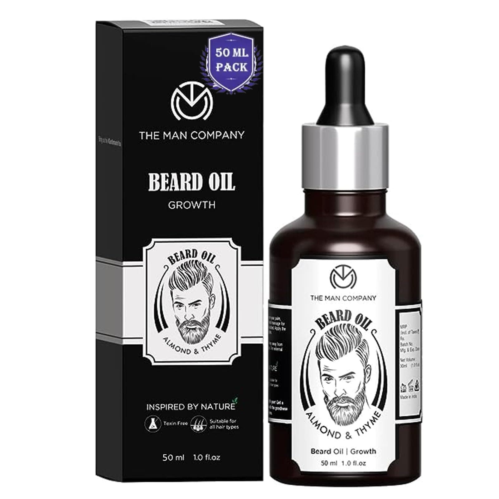 100% Natural Beard Oil - 50 ml with Almond & Thyme for Faster, Thicker & Longer Beard | Best Beard Growth Oil for Man, Nourishes & Strengthens Uneven Patchy Beard