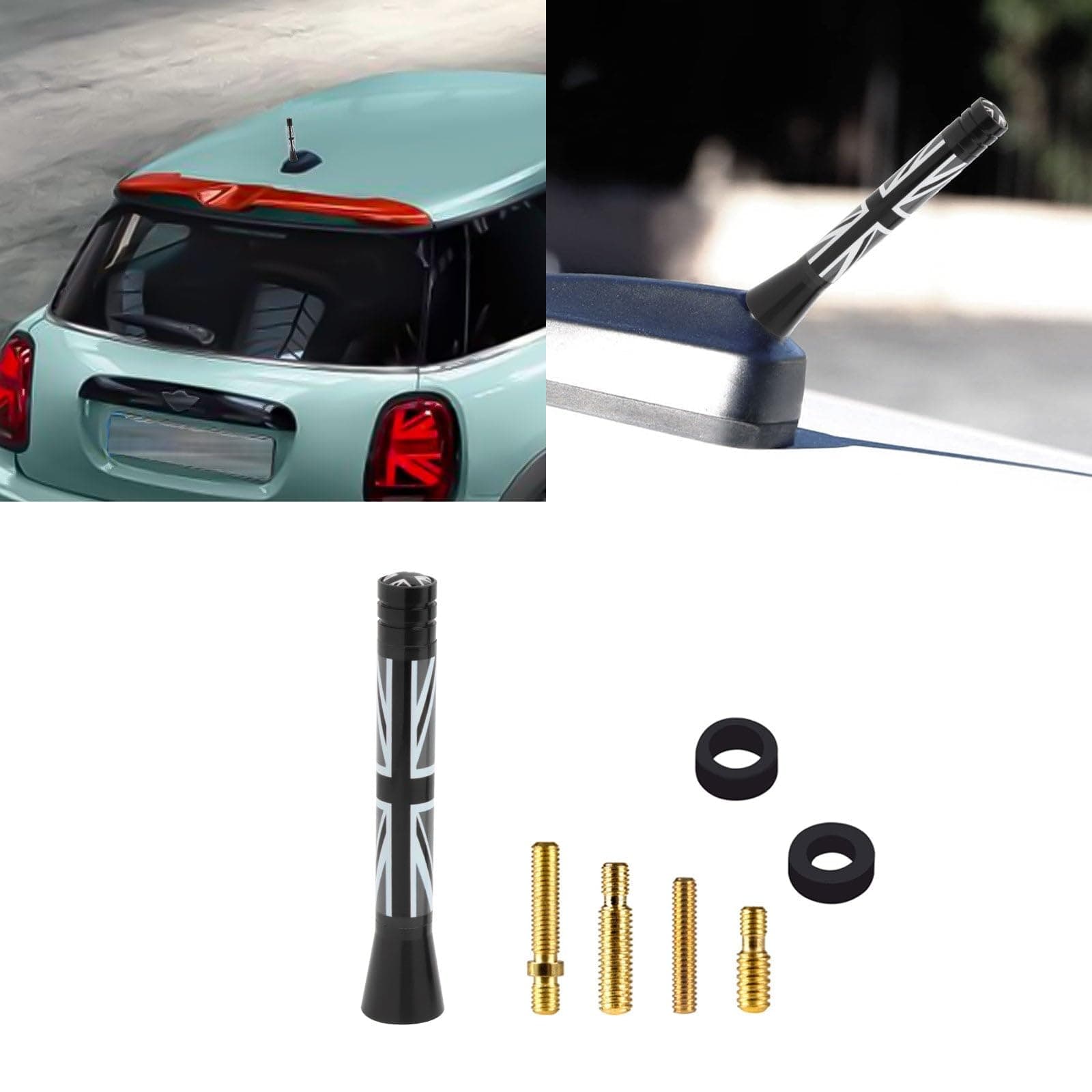 x xotic tech Car Short Antenna Union Jack Flag Theme Compatible with Mini Cooper All Models 3"(Black/Grey)