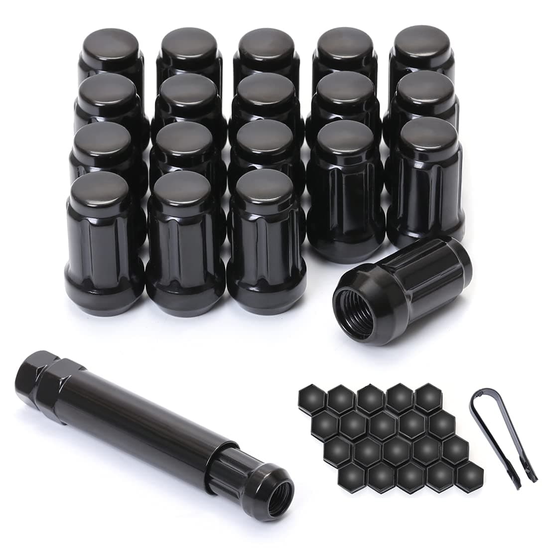 M12x1.5 Lug Nuts, 20 Pack, Black, Spline, 1.38" Long, Acorn Fit, Honda Accord CRV Civic Compatible