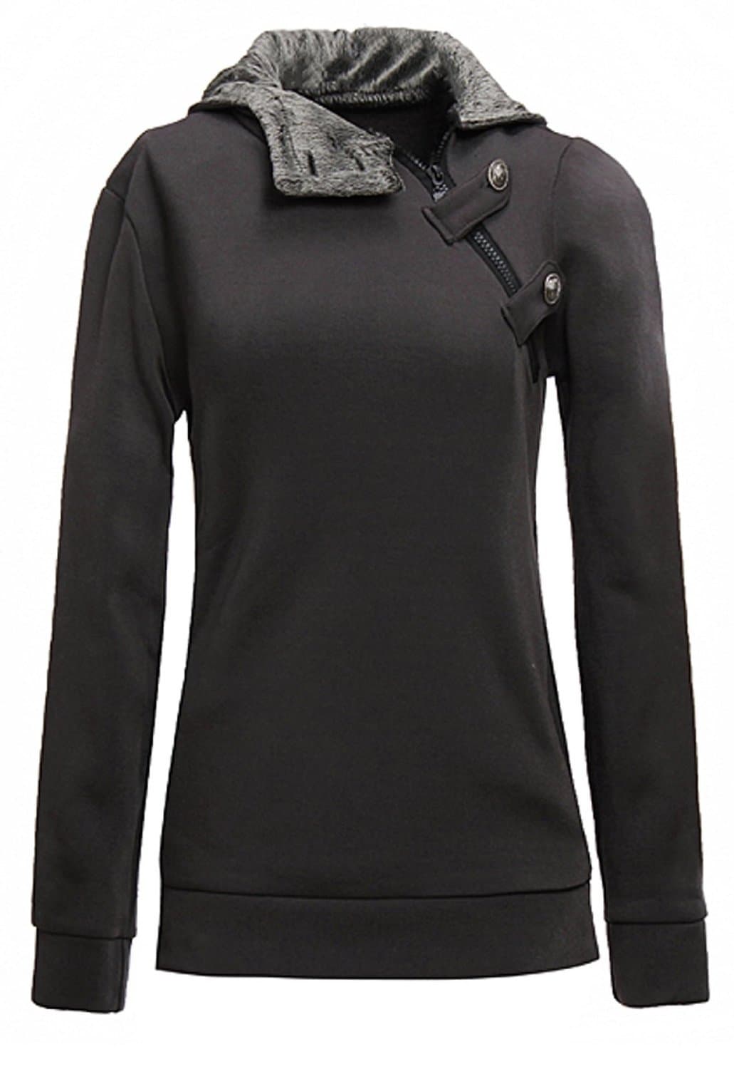 S Womens Pullover Jumper Hoodie Hooded Slim Fit Zip Button Sweatshirt Jacket Dark Grey