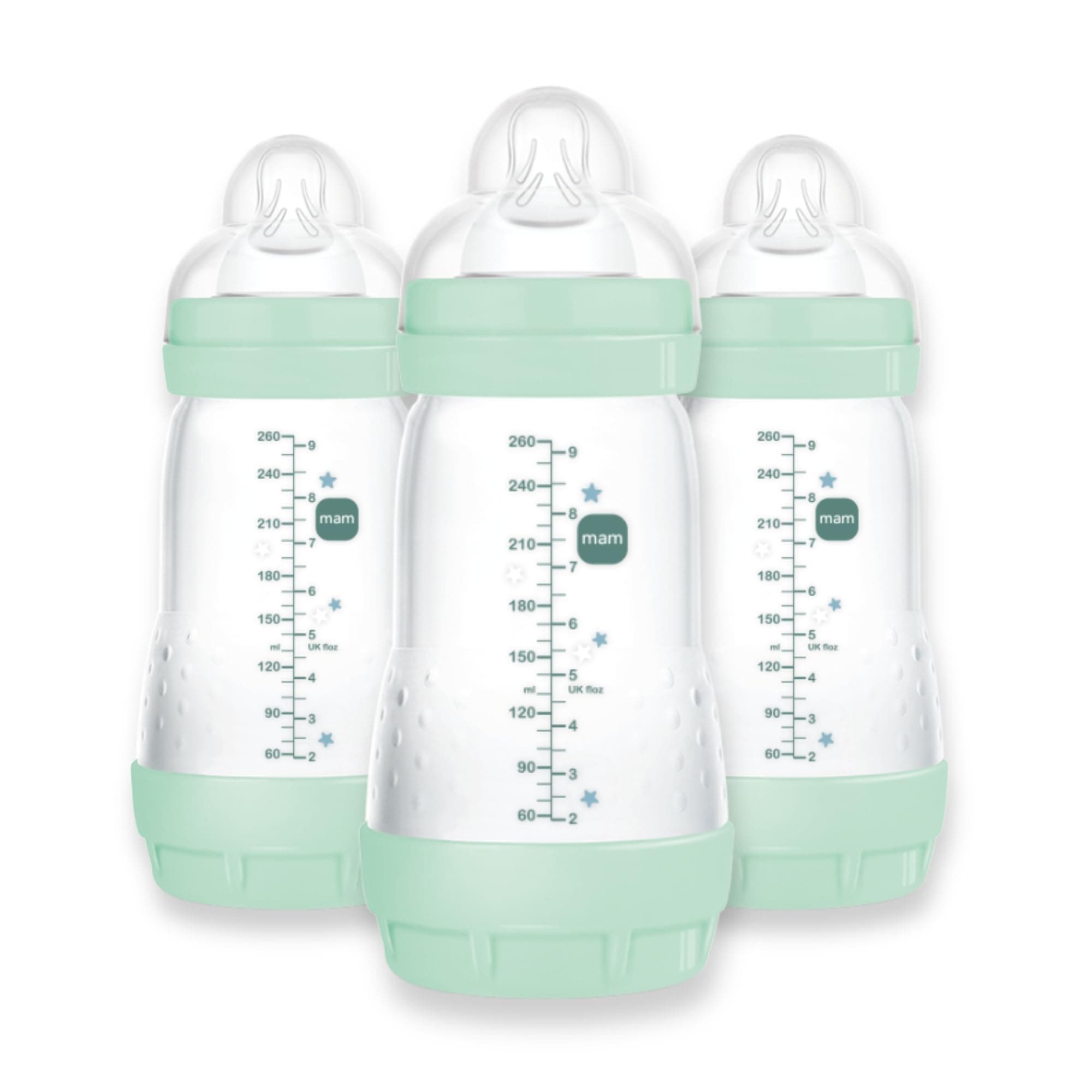 MAM Easy Start Anti-Colic Bottle 9 oz (3-Count), Baby Essentials, Medium Flow Bottles with Silicone Nipple, Baby Bottles for Baby Boy, Designs May Vary
