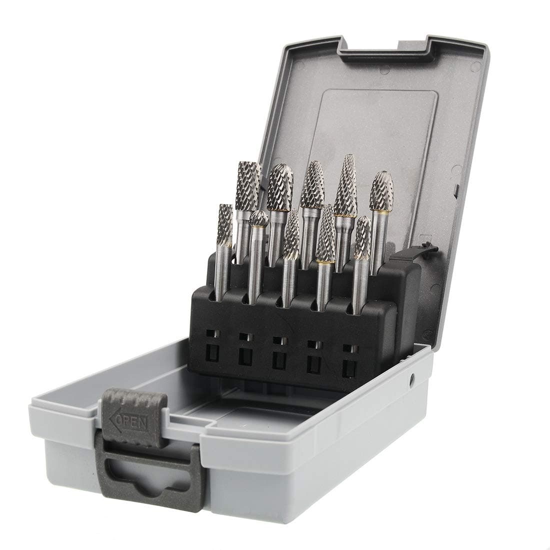 Carbide Burrs Set 1/4 Inch Shank Double Cut Solid Carbide Rotary Burr Set for Die Grinder Drill, Metal Carving, Polishing, Engraving, Drilling(10pcs)