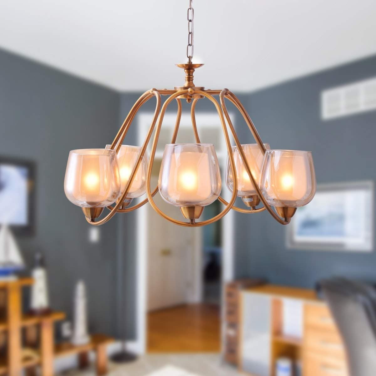 Lorena Five Light Brass Finish Modern Chandelier (Bulb Included)