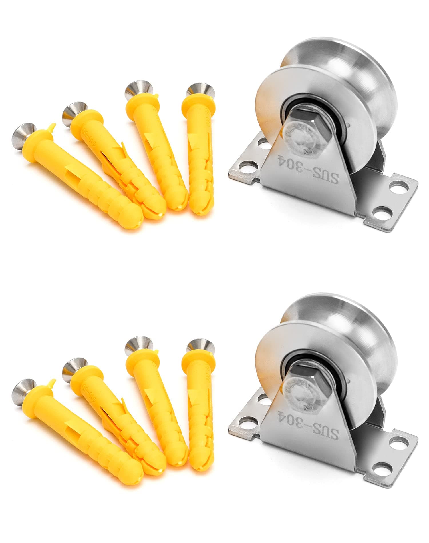 QWORK® 2 Pack U-Type Stainless Steel Pulley Block, Mute Bearings Sliding Roller Track Wheel, Swivel Lifting Rope Pulley Block for Wire Rope, Load Bearing: 400KG