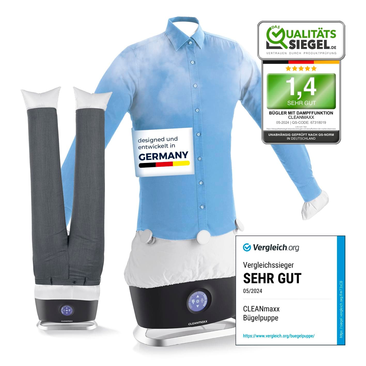 CLEANmaxx Pro Steam Automatic Shirt Iron with Trouser Attachment, Steam Function, Touch Display, Ironing Device for Shirts and Blouses, Reduces Odours, Disinfects, Smoothes, Refreshes