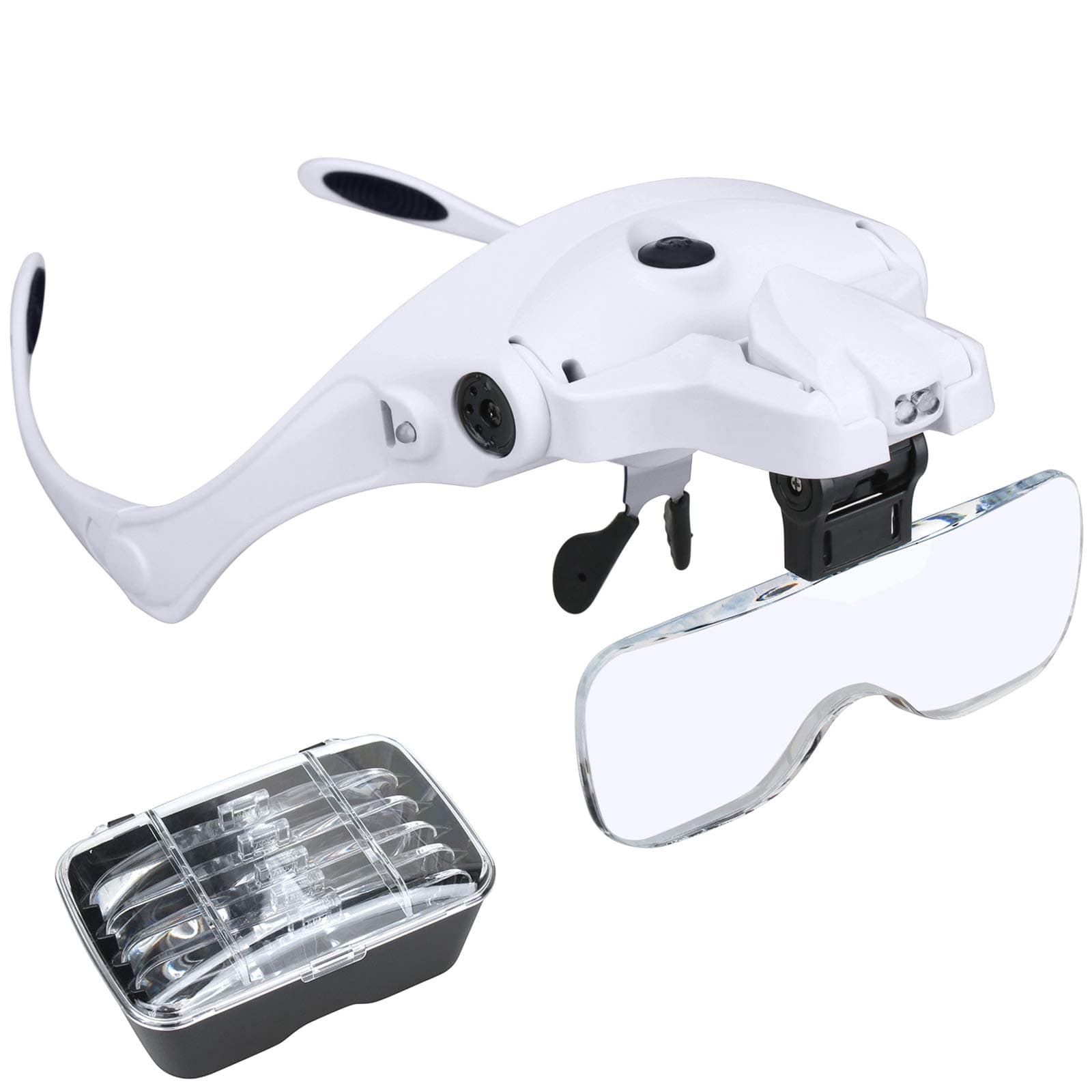 Magnifying Glasses for Close Work, Rechargeable LED Head Magnifier, Hands Free Headband with Light Interchangeable Lenses 1X 1.5X 2X 2.5X 3.5X Jewelry's Loupe Light Bracket Craft Watch Hobby