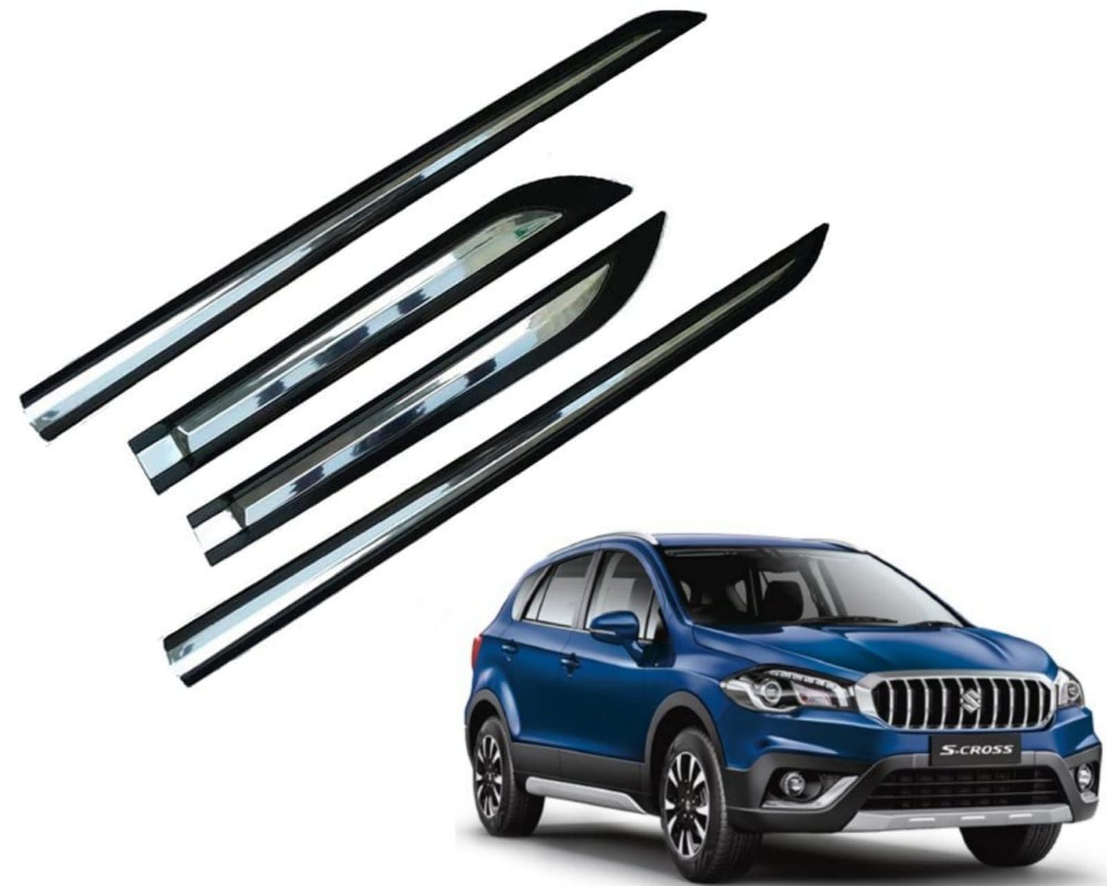 DS ENTERPRISE Half Chrome Side Beading Moulding with 3M Adhesive Tape for Maruti Suzuki S-Cross All Models - Black and Chrome Color (Pack of 4)