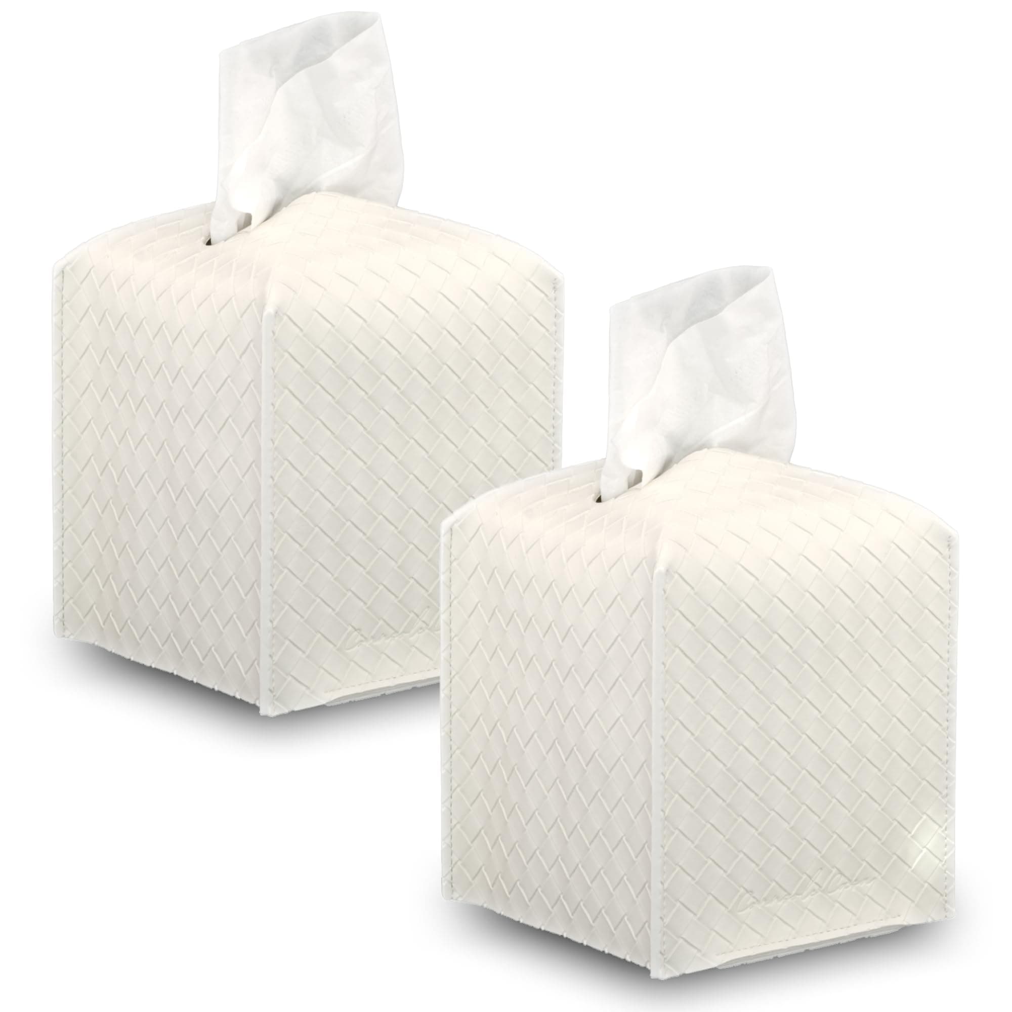 Premium PU Leather Tissue Box Holder–Modern Cover for Home, Office, Car–Stylish Cube Organizer for Standard Kleenex Tissues – Durable, Easy Refill, Woven Design (White 2 Pack)
