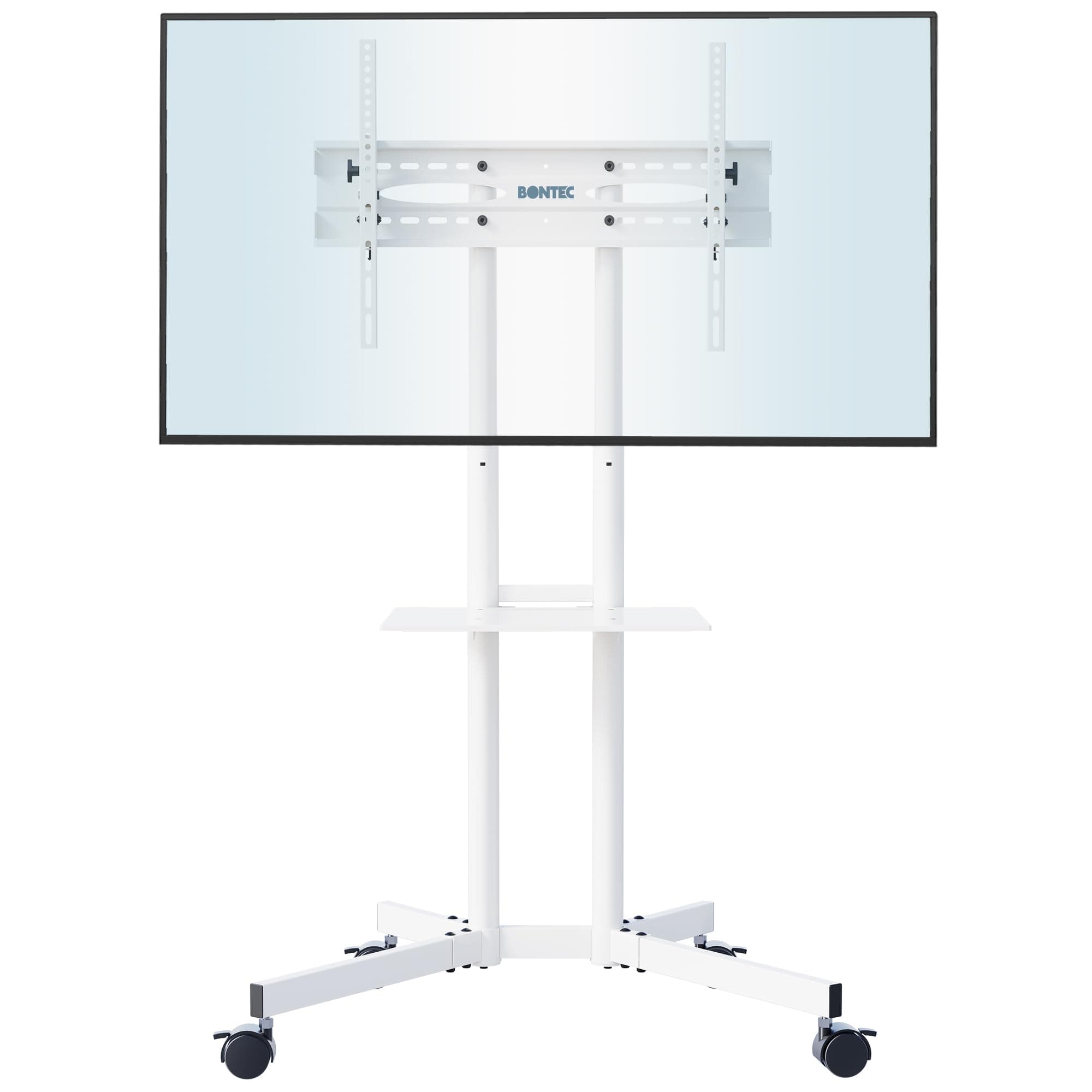 BONTEC Mobile TV Stand on Wheels, Height Adjustable for 32-85 Inch LCD LED OLED TVs, Holds up to 60kg, Max VESA 600x400mm, White, with Shelf, Cable Management, for Office, Home, School, Trade Show