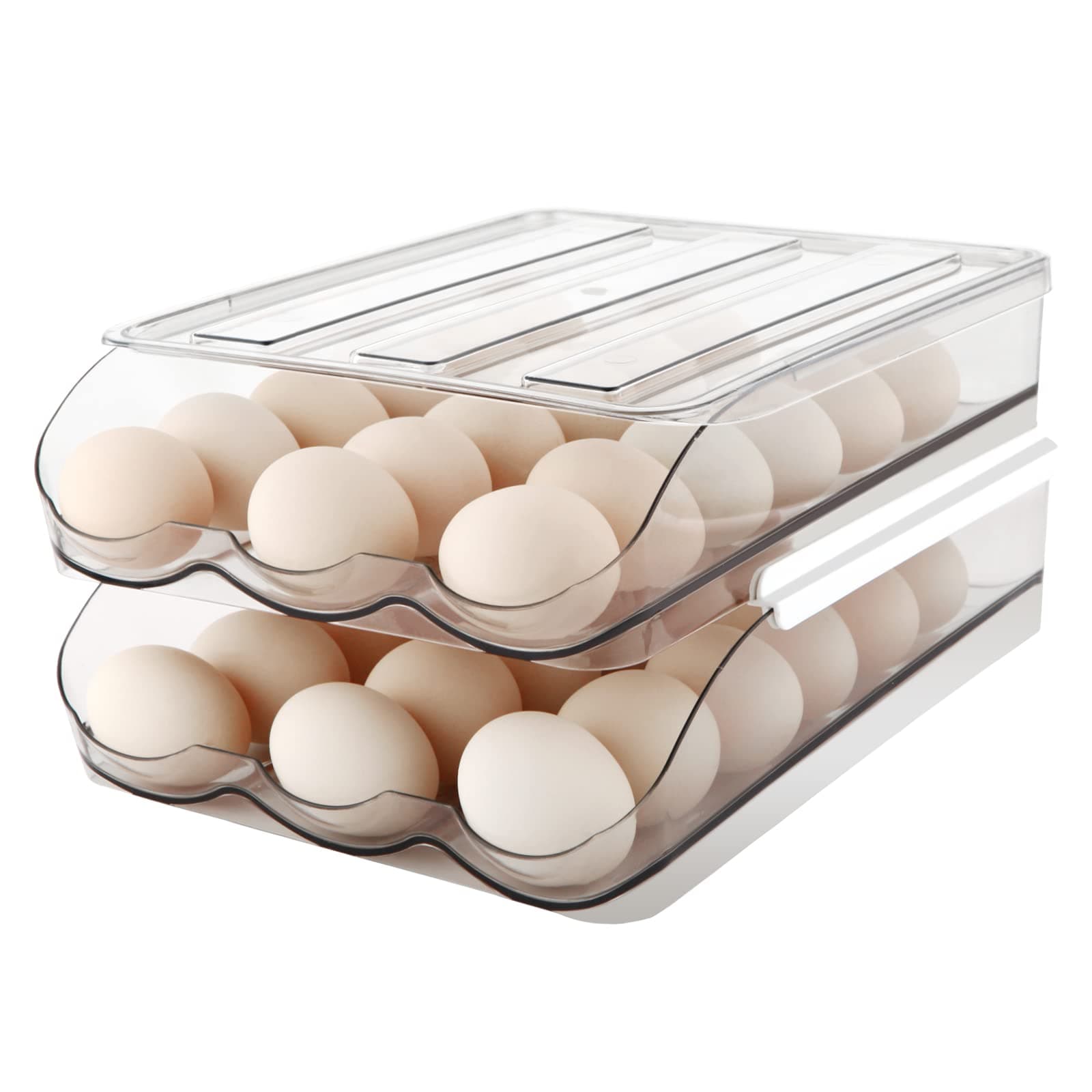 Egg Holder , Automatically Rolling Storage Container For Refrigerator,Large Capacity Organizer Fridge With Lid,Clear Plastic Dispenser, Tray & Bin -2 Layer
