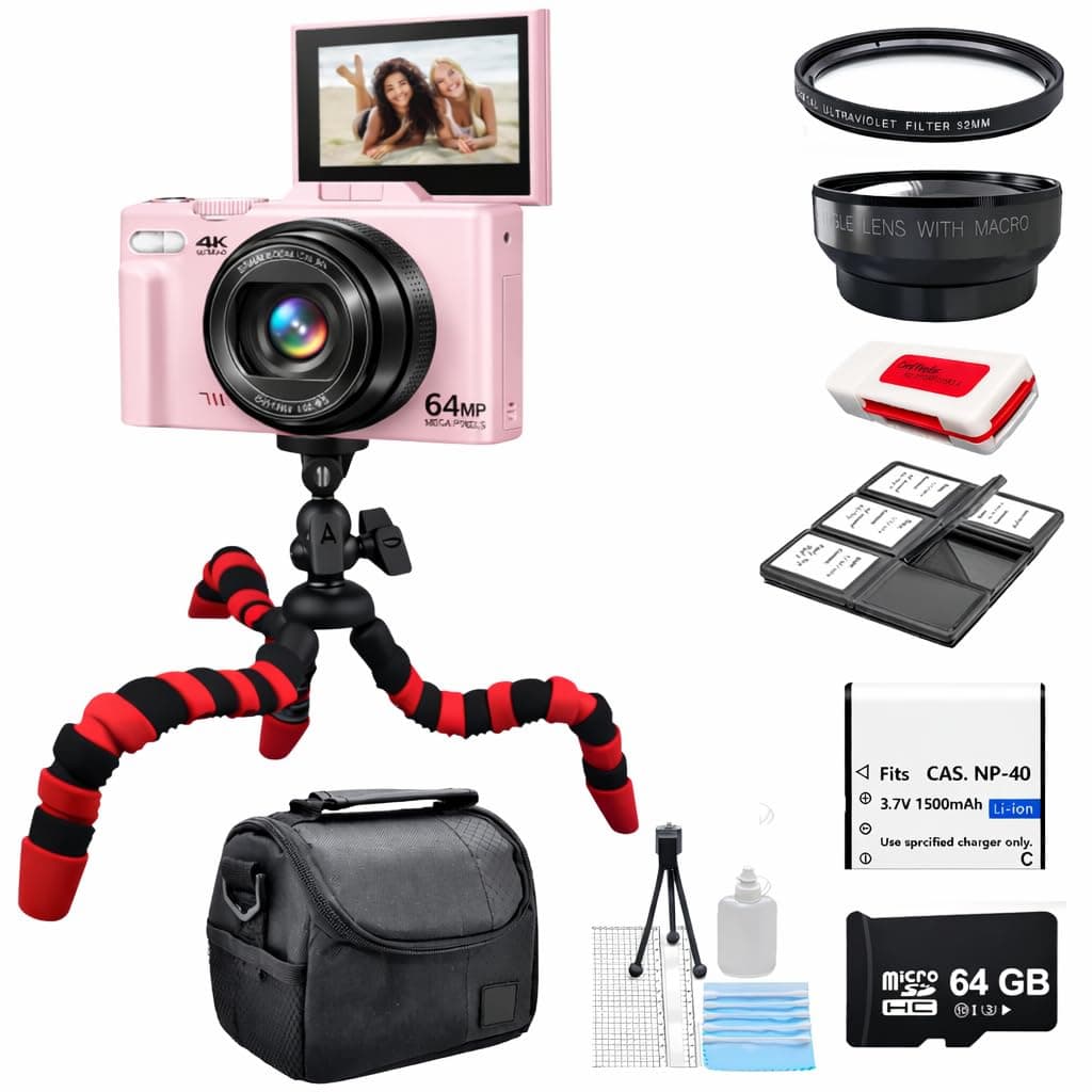Acuvar 4K 48MP Digital Camera Kit for Photography, Vlogging Camera for YouTube with Flip Screen, WiFi, Wide Angle & Macro Lens, 64GB Micro SD Card, 12" Flexible Tripod, Carrying Case, Card Reader