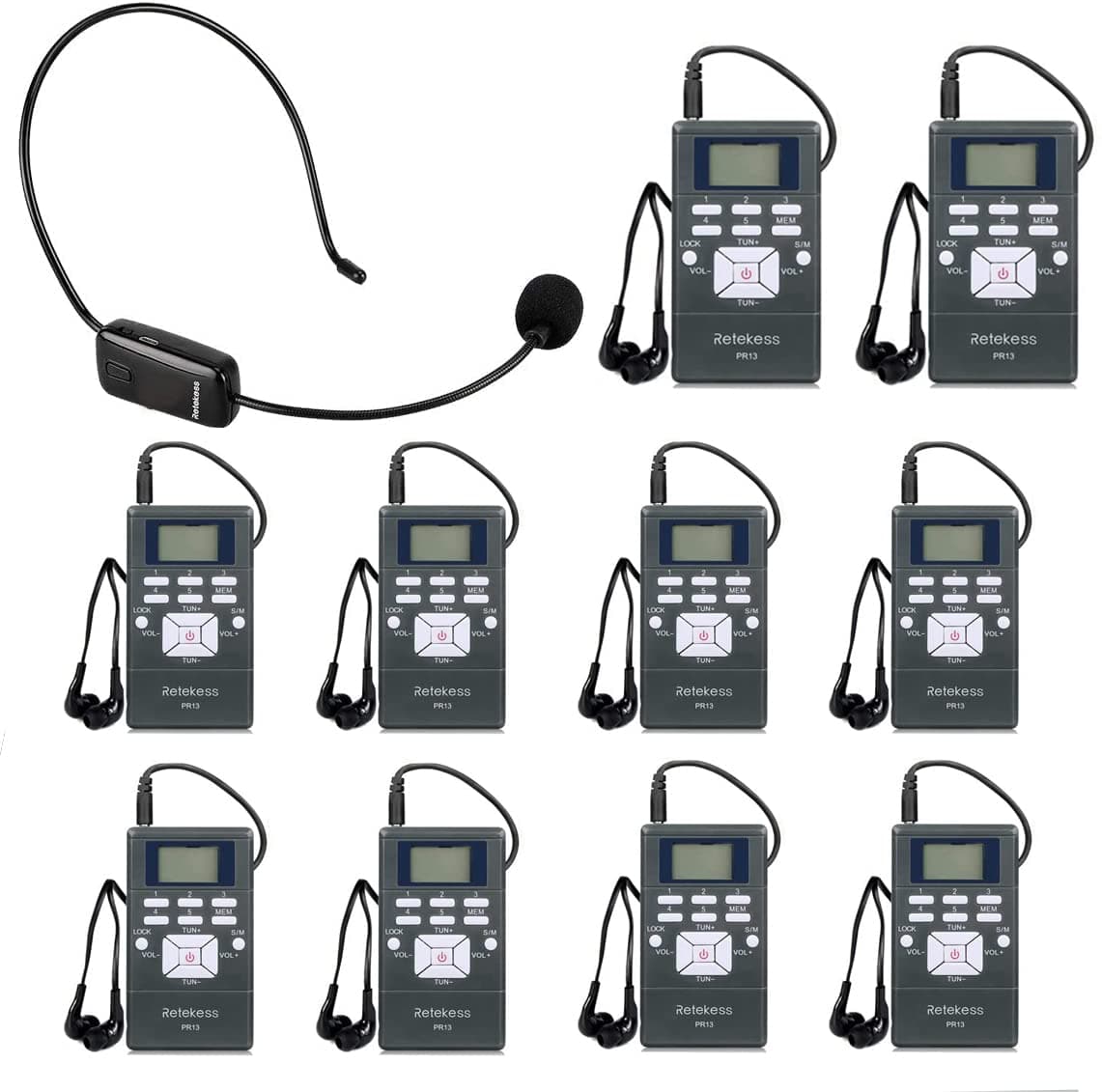Church Translation System with 1 TR503 FM Transmitter Headset and 10 PR13 FM Radio Receivers, Listening System for Factory Museum School Church (1 Transmitter 10 Receivers)
