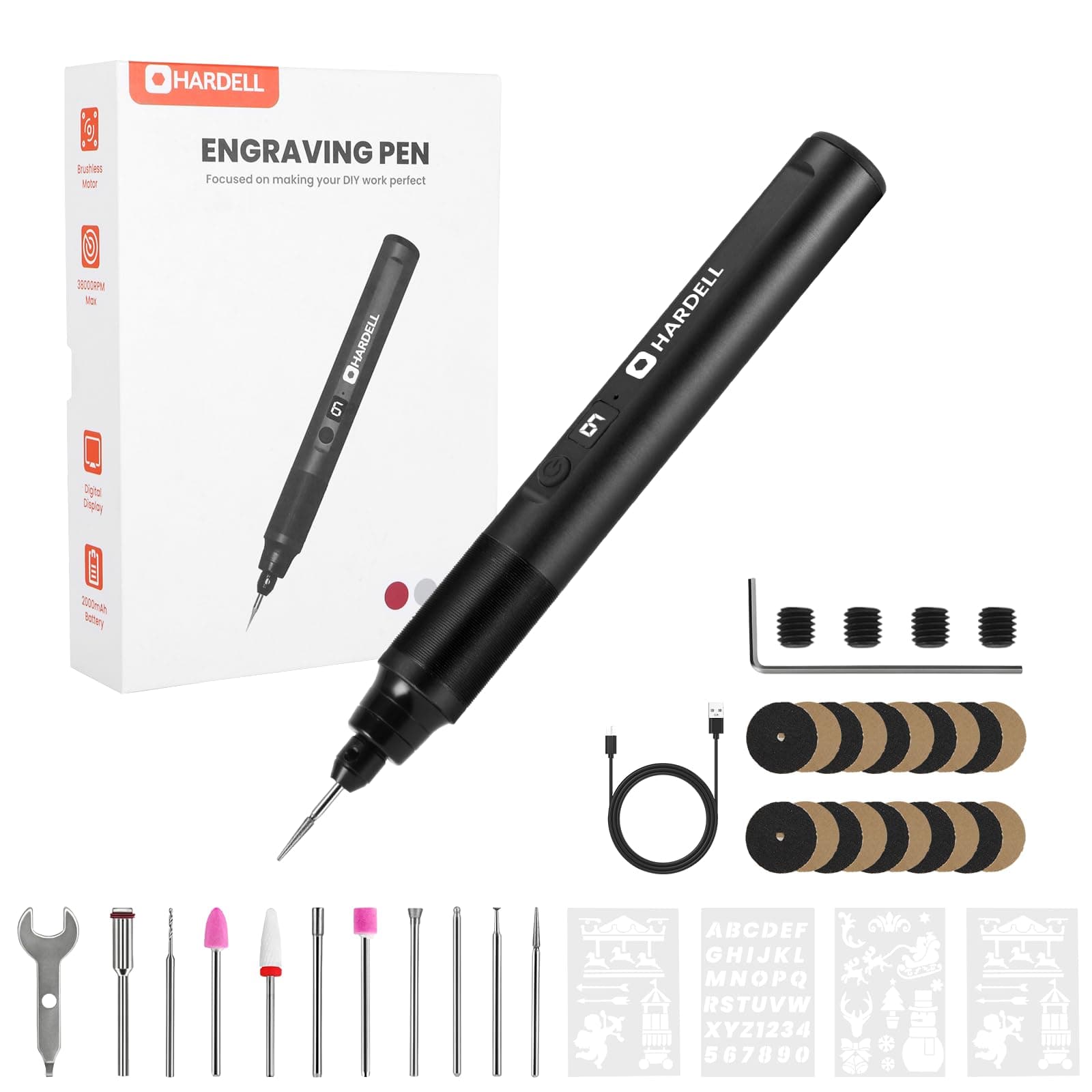 HARDELL Engraving Pen 6 Speed, USB-C Rechargeable Engraving Tool, Electric Engraving Pen Kit with 41 Accessories for Metal, Wood, Glass and Plastic, Cordless Engraving Pen Set for DIYer & Beginner