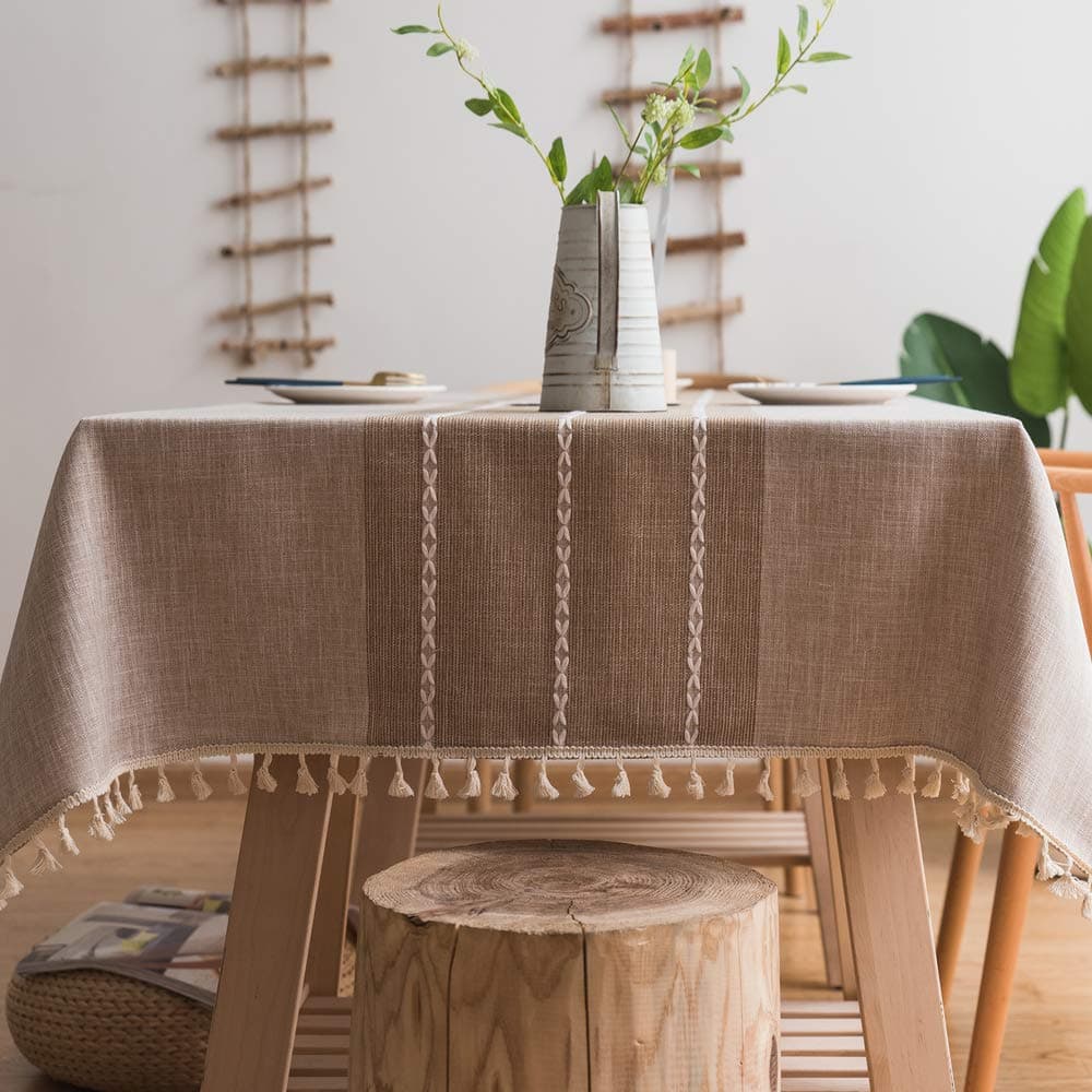 Heavy Weight Cotton Linen Tablecloth Dust-Proof Tassel Table Cloth Cover for Kitchen Dinning Farmhouse Tabletop Decoration (140x250 cm, A-Brown)