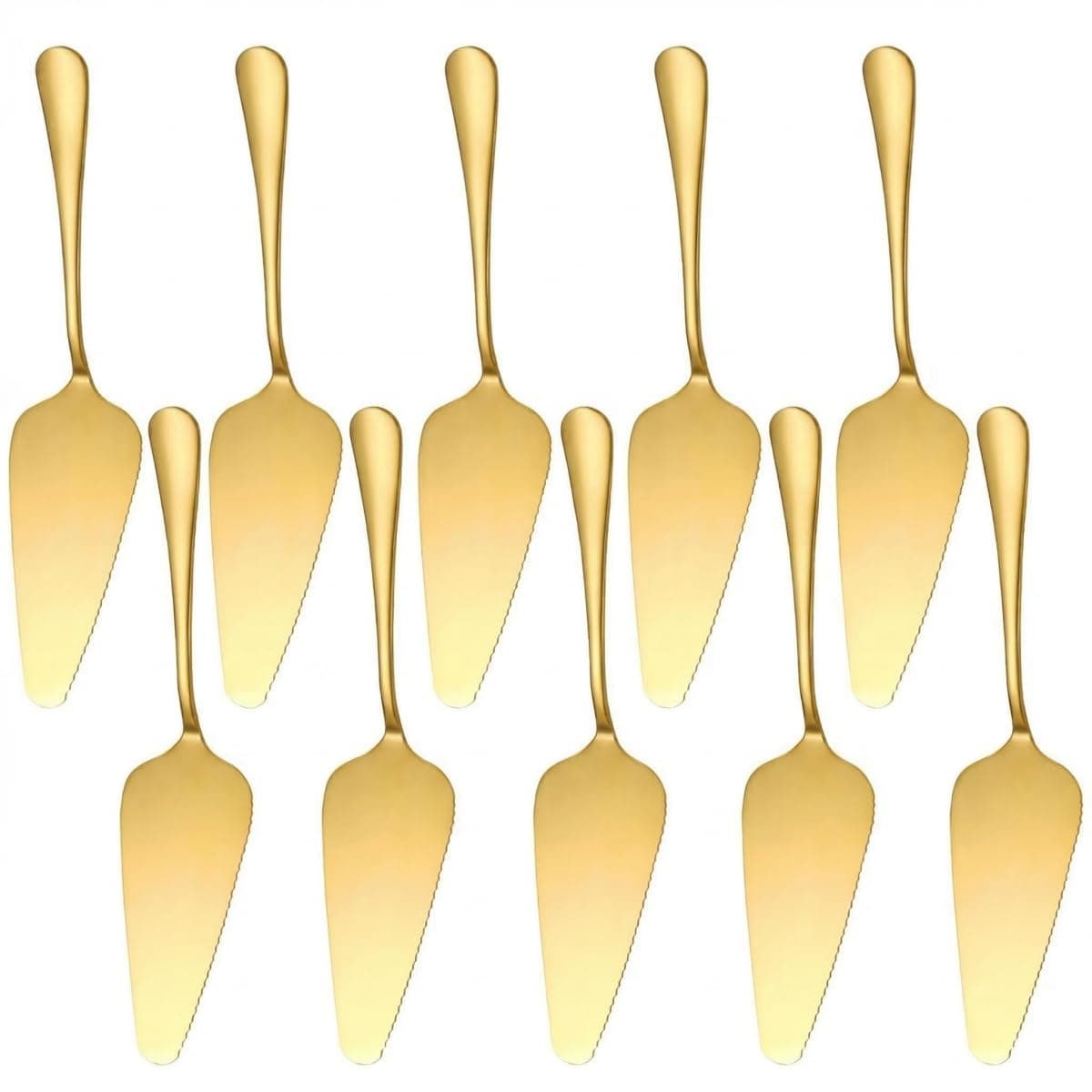 Stainless Steel Cake Server Pack of 10 Pie Holder Transfer Triangular Spade Spatula Serrated Edge for Pizza Cake Baking Safe in Dishwasher (Gold)