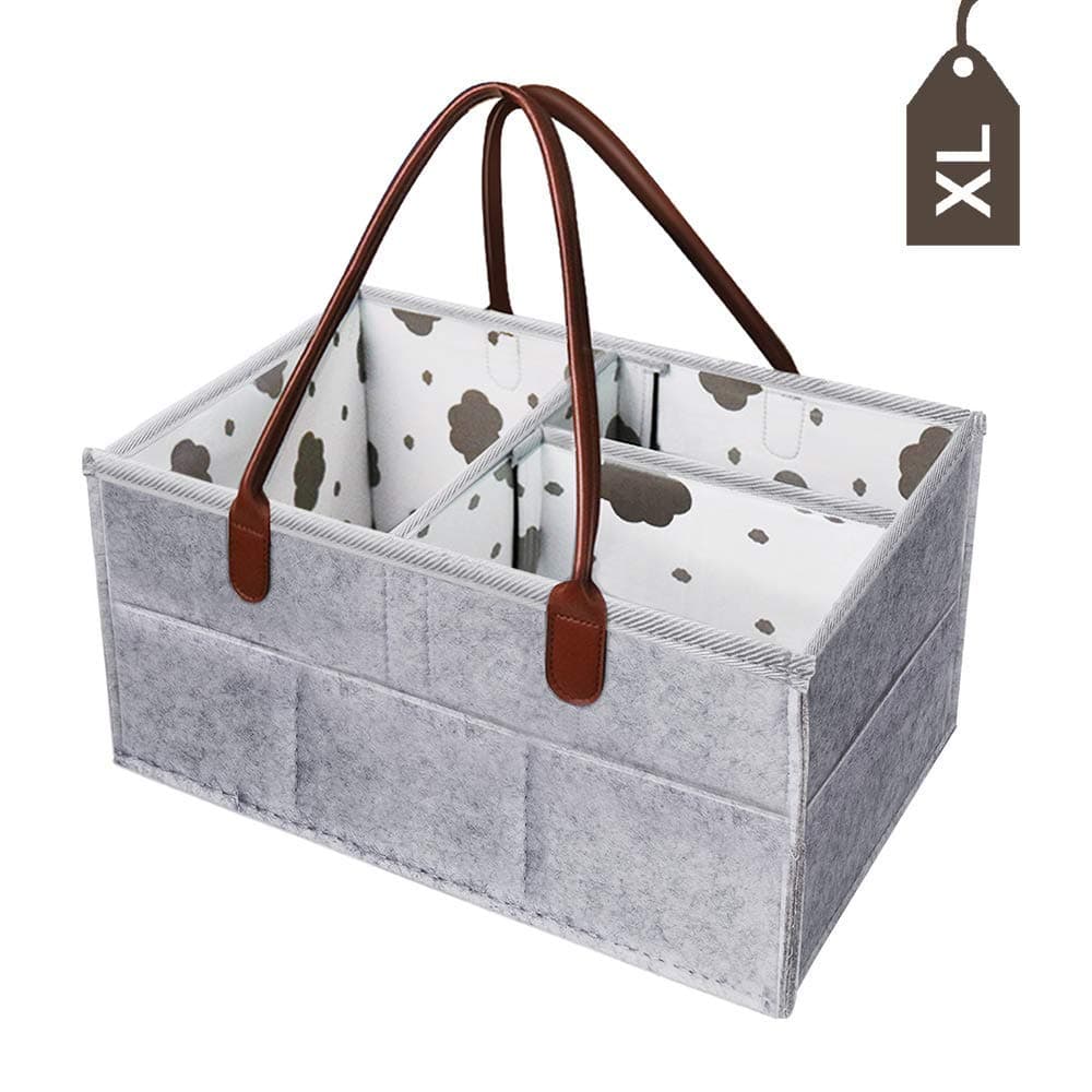 Diaper Caddy Organiser - Extra Large Nappy Storage Basket for Changing Table Station - Grey Felt Cotton Lining 16×11×8 Inch - Newborn Baby Shower Gift