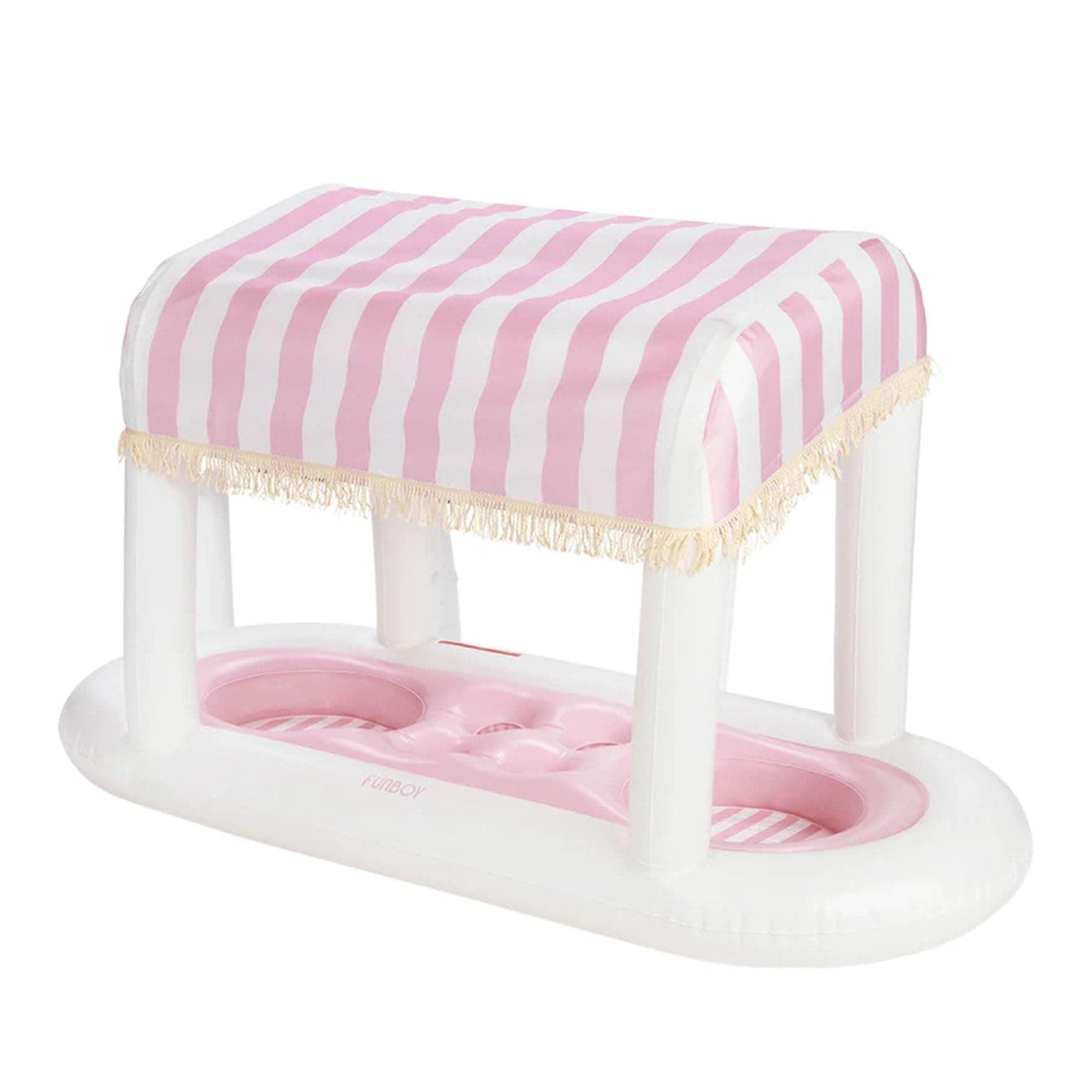 FUNBOY Giant Floating Pink Cabana Stripe Drink Station, Removable Fabric Shade with Fringe, Perfect for Parties, Table-Top Decorations and in-Pool Refreshments.