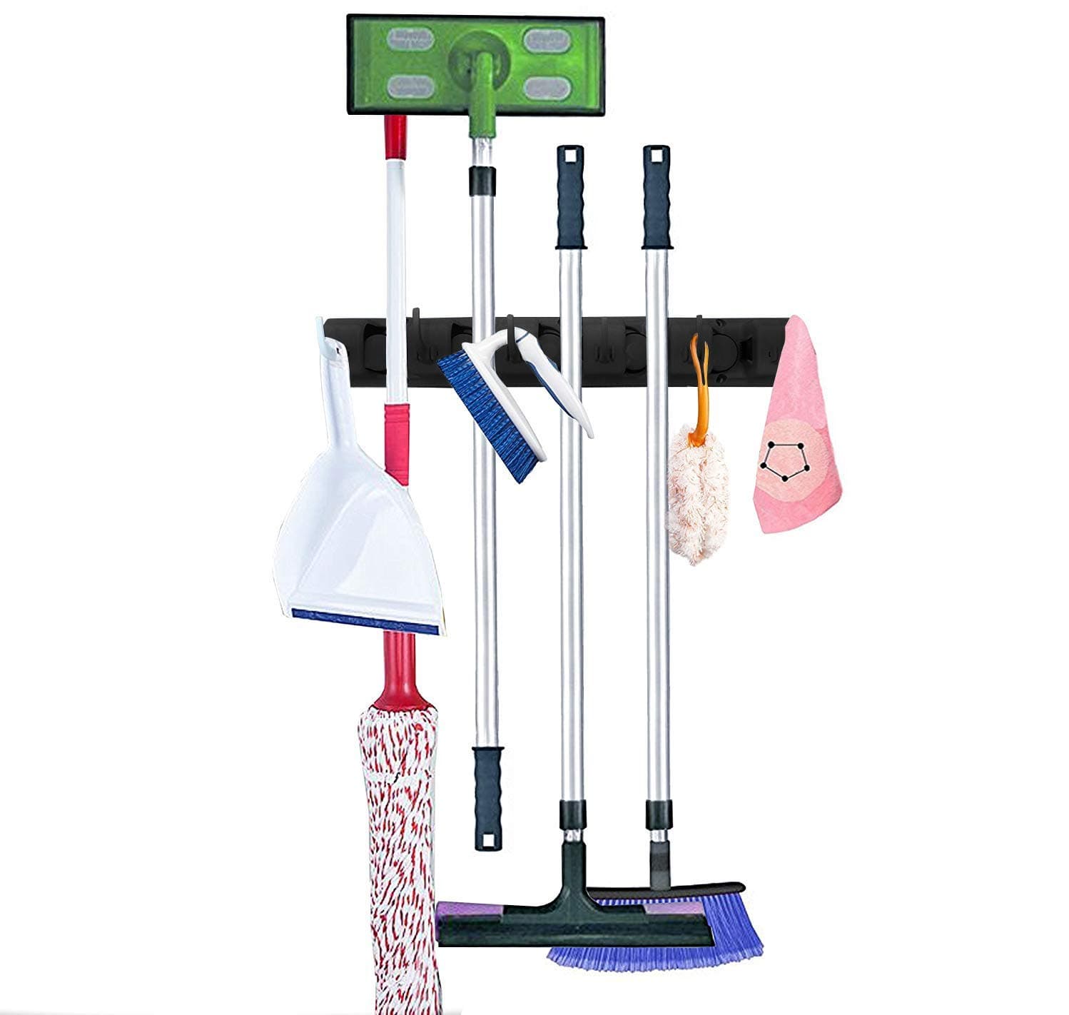 Melvado Broom and Mop Wall Mount Storage Holder Organizer – Hooks for Mops, Brooms, Sports Equipment, Garage Tools – 6 Non-Slip Slots and Extra Hanging Hooks – 35 Pound Capacity