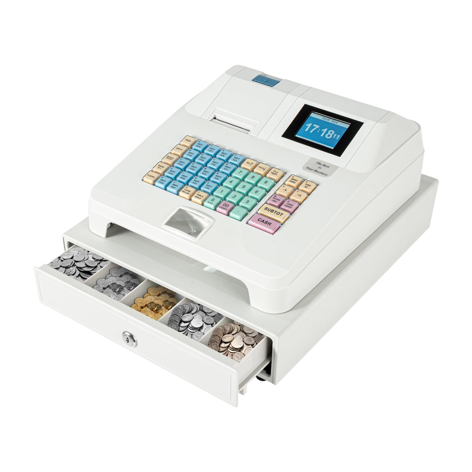 Electronic Cash Register with 48 Keys 8 Digital LED Display and Cash Drawer and Thermal Receipt Printer Station Pos Systems for Small Businesses (White)