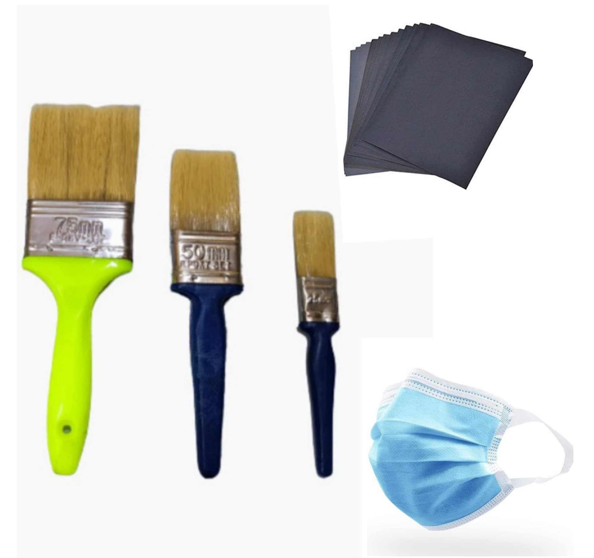 A. K® Wall Paint Painting Kit Wall Paint Double Thickness Brushes 1"+2"+3", Sandpaper 150 Number, 3 Ply Mask ( Set of 5 Pcs )