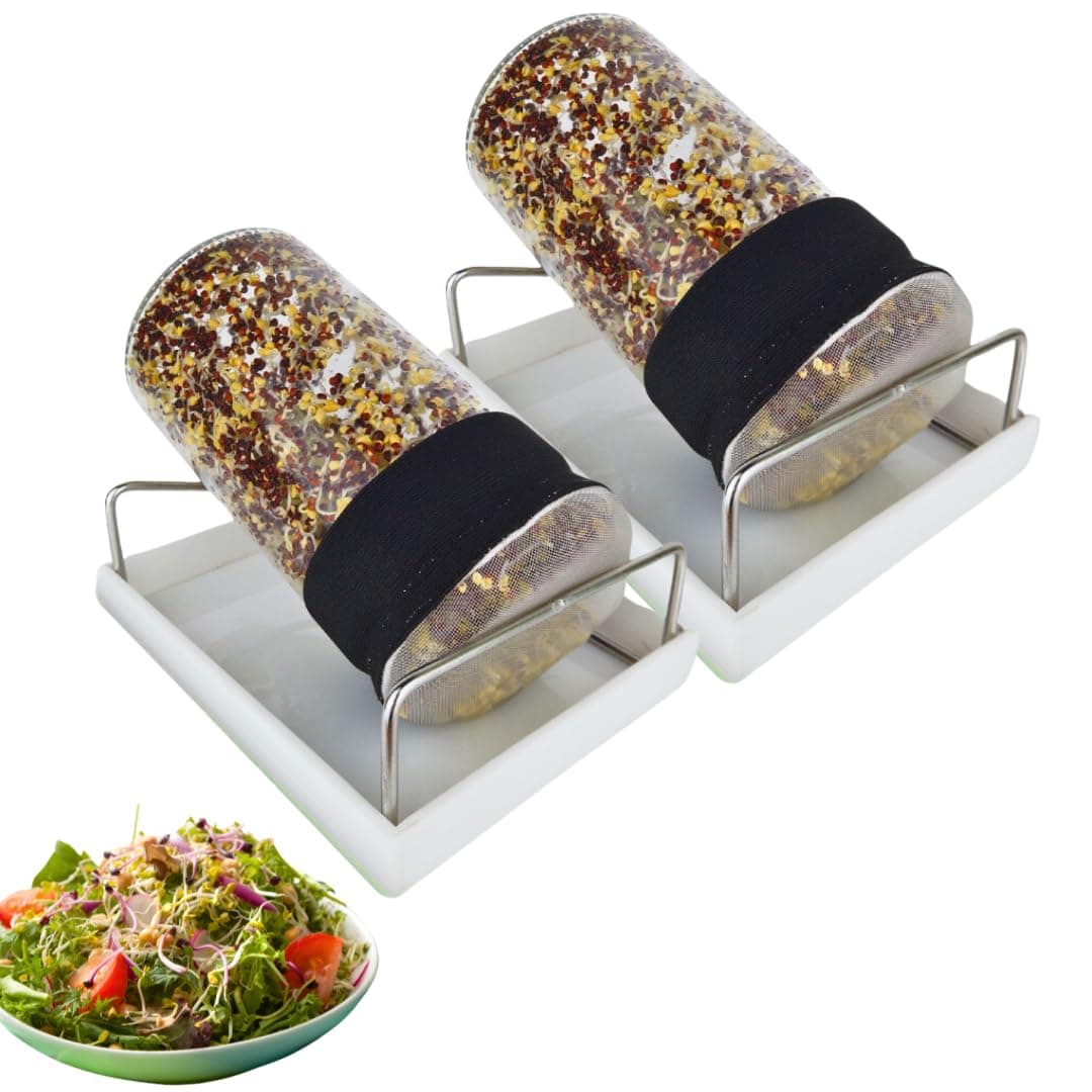 Sprouting Jar Kit (Set of 2) | Sprouts Maker With Glass Mason Jar, Strainer Cap, Lid, Stainless Steel Jar Stand, And Tray | Perfect For Growing Broccoli, Alfalfa, And All Sprouts,White