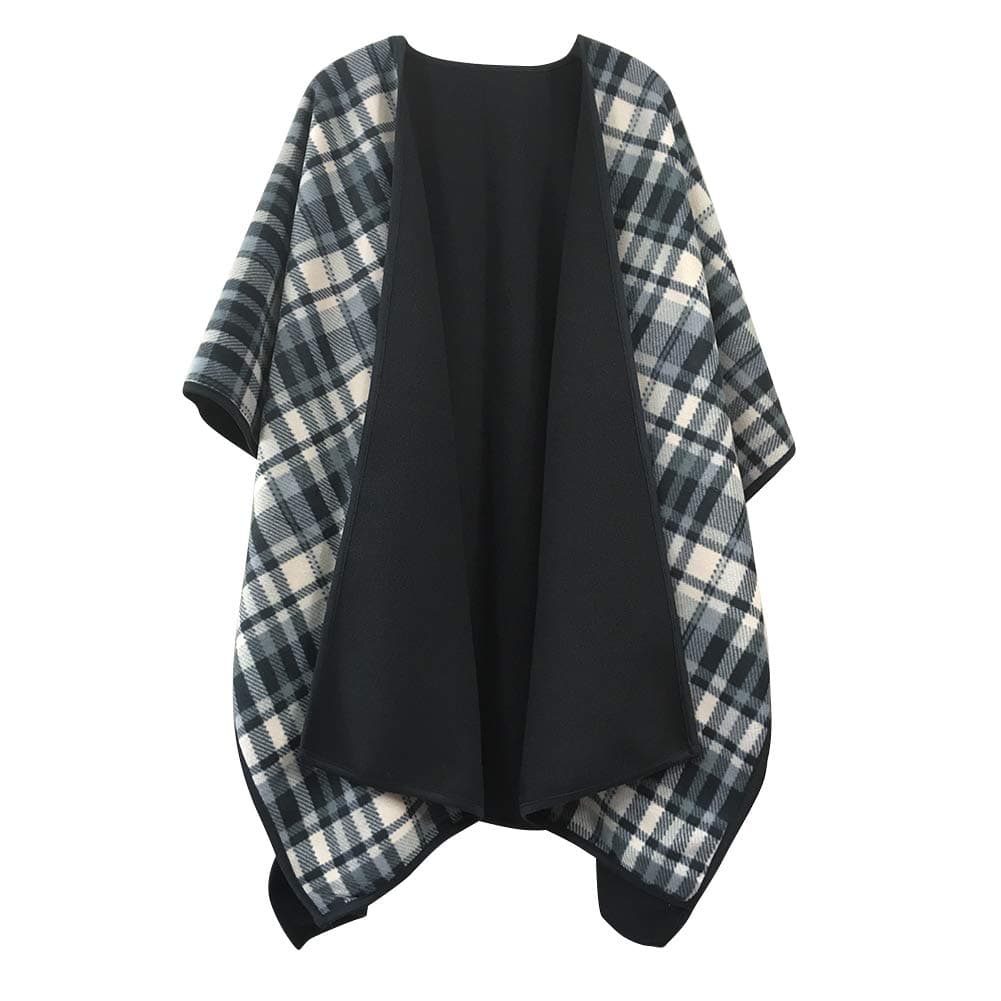 TOPUNER Women's Micro Fleece Ponchos Cape Front Open Reversible Shawl Wrap one Size Black Plaid