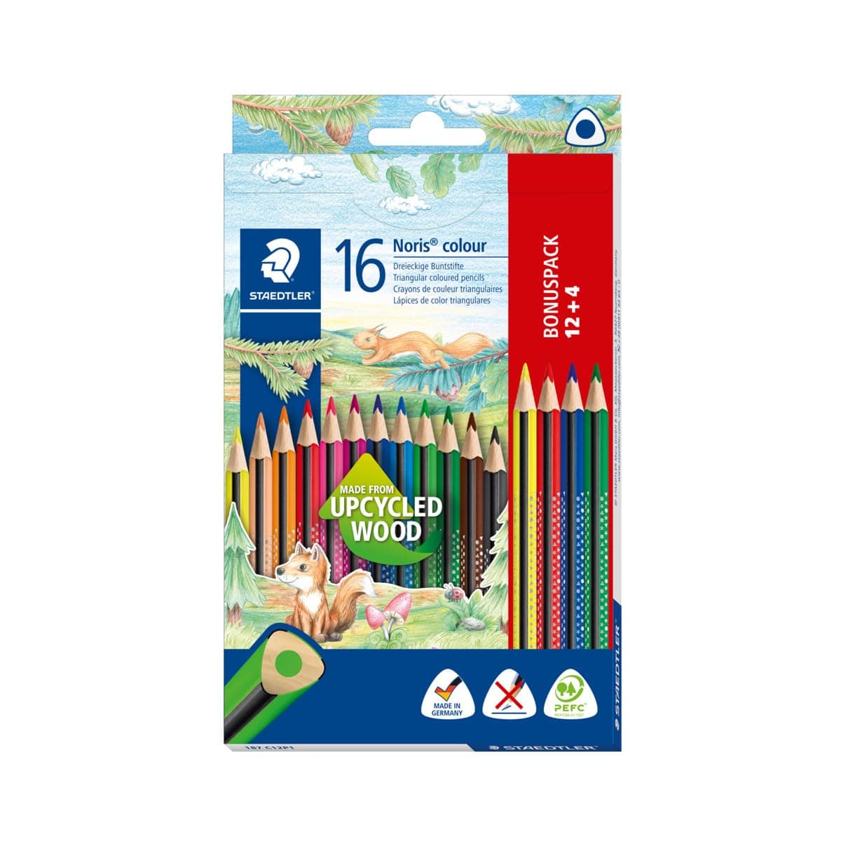 187 C12P1 Noris Colour Colouring Pencils (Increased Break-Resistance, Triangular Shape, Attractive Design, Ergonomic Soft Surface, Wopex Material, Set of 16 Brilliant Pens in Cardboard Case)