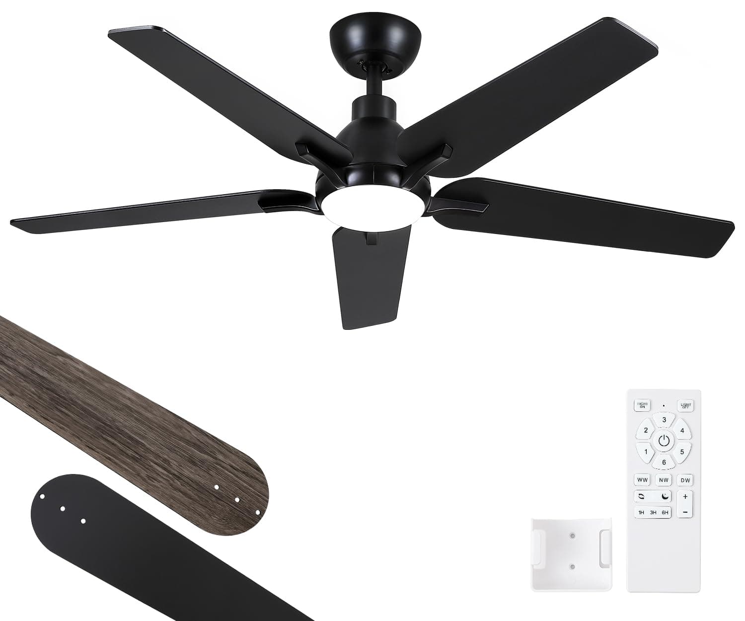 52 Inch Ceiling Fans with Lights: Black 5 Blades Ceiling Fan with Light and Remote for Bedroom Living Room Dining Room Patio, LED Dimmable 6 Speeds Reversible Quiet DC Motor