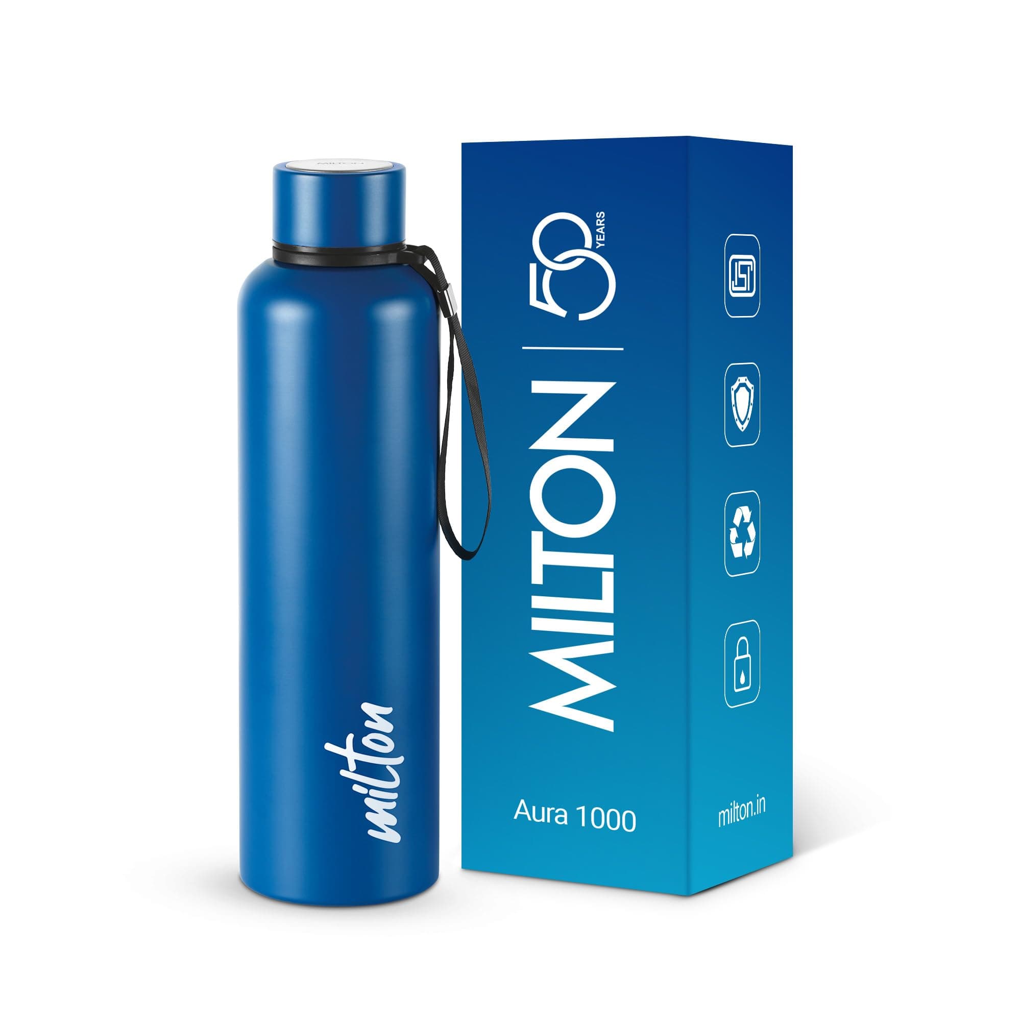 MILTON 1050ml Vacuum Insulated Water Bottle, Keeps Drinks Hot and Cold for 24 Hours, 18/8 Stainless Steel, Double-Walled Thermos Flask with Inner Copper Coating for Gym, Office, Aura - Dark Blue