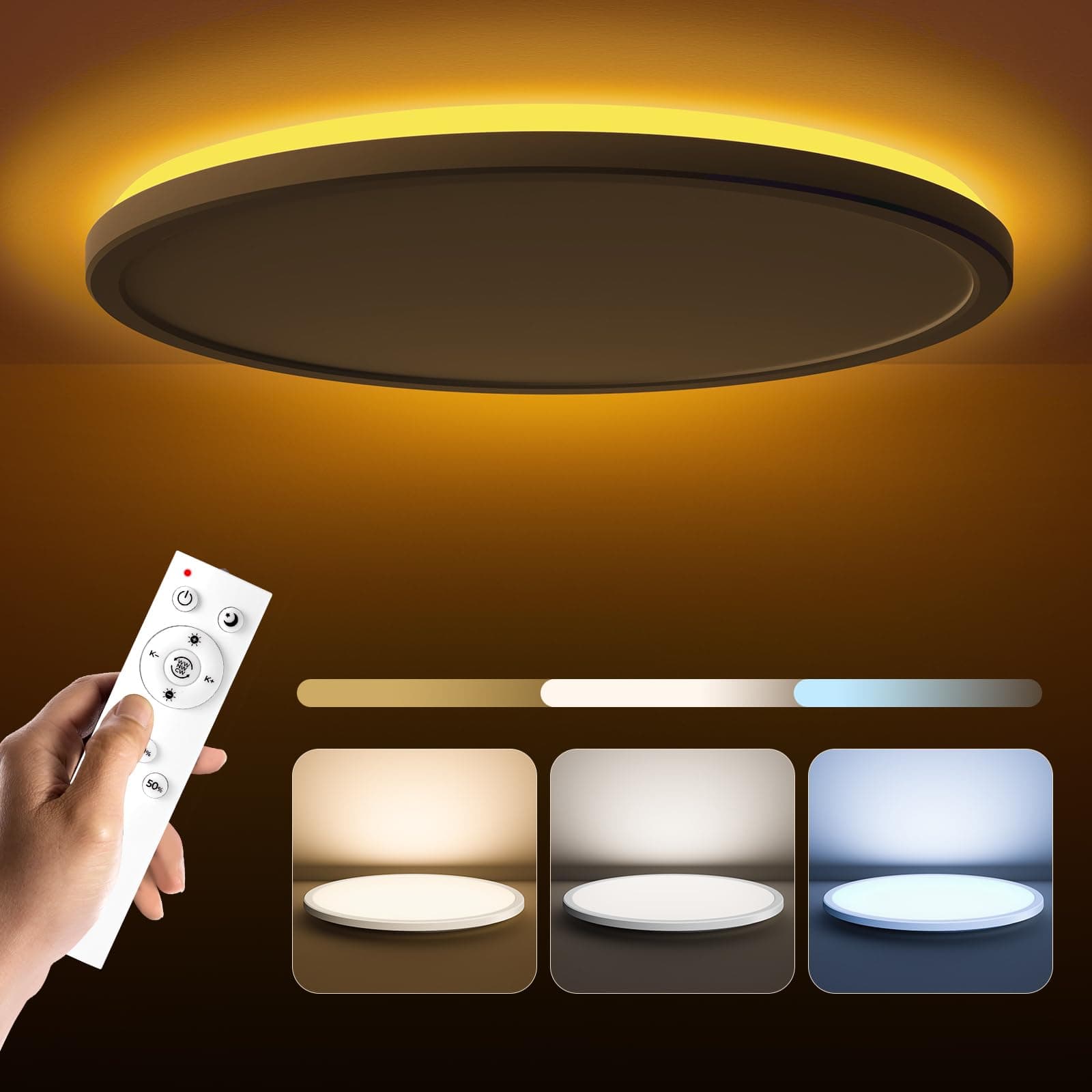 15.4in LED Flush Mount Ceiling Light Fixture with Remote, 2000K Warm Nightlight, Dimmable 3000K-6500K Low Profile Ceiling Lights for Bedroom, Living Room, 3600LM, White