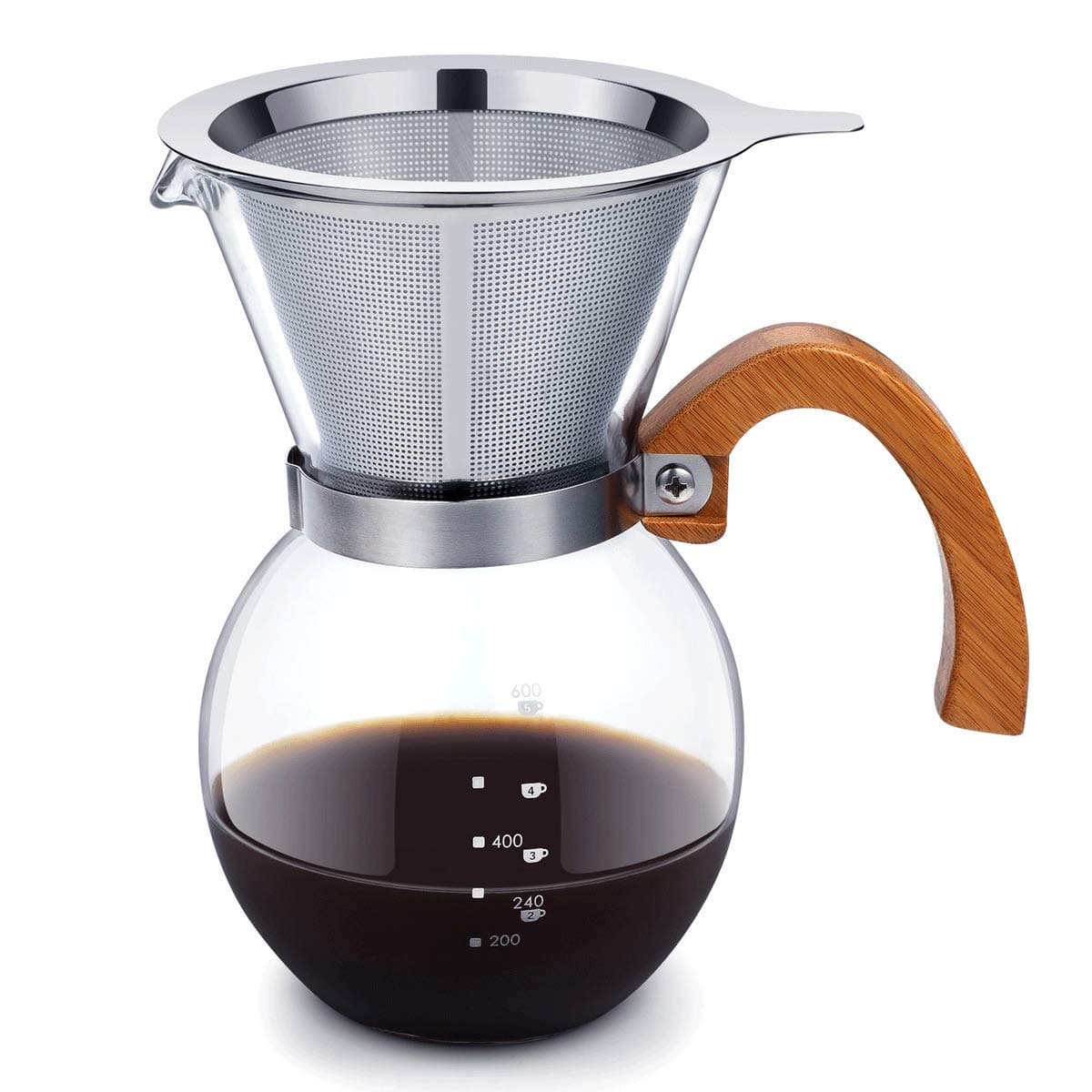 Pour Over Coffee Maker - 20 - oz Borosilicate Glass Carafe - Rust Resistant Stainless Steel With Double Fine Mesh Paperless Filter/Dripper And Comfortable Wooden Handles