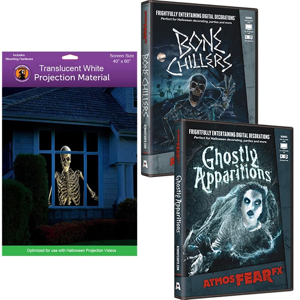 AtmosFear FX Ghostly Apparitions & Bone Chillers DVD Plus Reaper Brothers® High Resolution Rear Projection Screen for Virtual Halloween Window Projection Movies