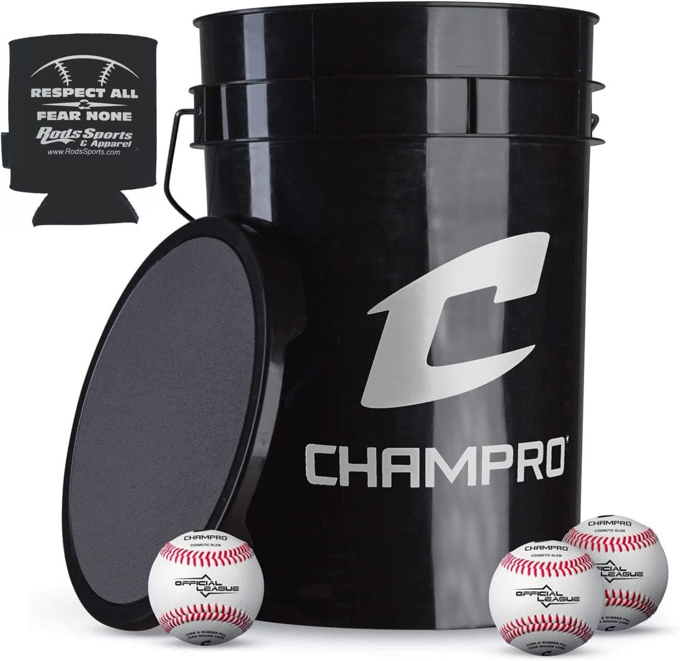 CHAMPRO CBB-200D Full Grain Leather Cover Baseballs with Cosmetic Blem in a Black Bucket – 30 Balls and one Rods Can Sleeve Included