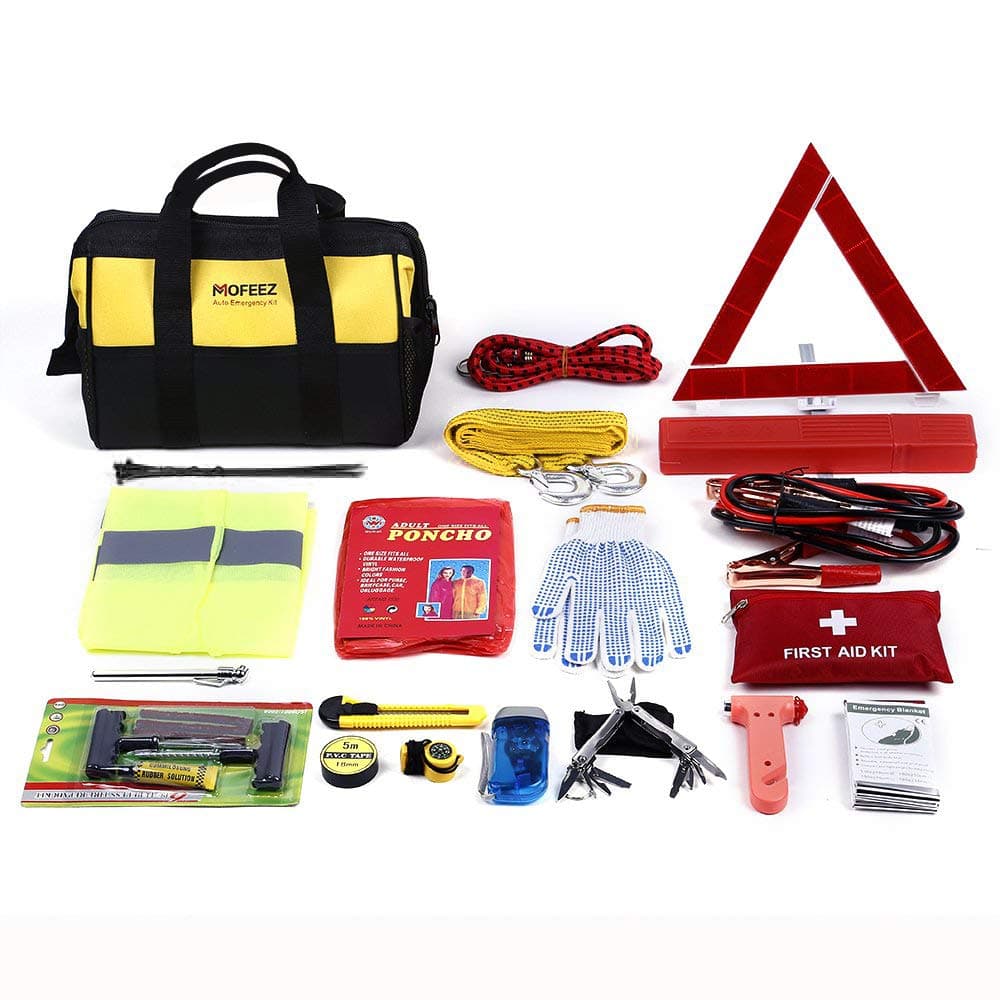 MOFEEZ Portable Roadside Assistance Auto Emergency Kit + First Aid Kit – Rugged Tool Bag - Contains Jumper Cables, Tools, Reflective Safety Triangle and More.