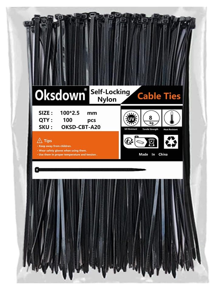 100 Pack Black Plastic Cable Ties 100mm×2.5mm Small Nylon Zip Ties Premium Self Locking 4 inch Mini Tie Wraps