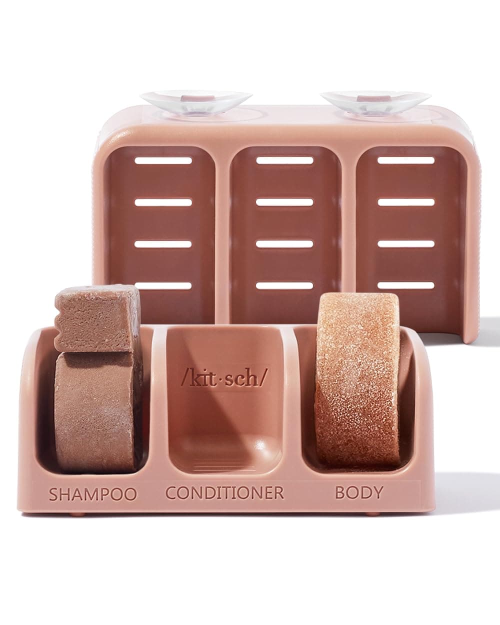 Kitsch Self-Draining Soap Dish For Shower - Recycled Plastic Bar Holder Shampoo Bar, Conditioner & Body Wash | Chic 3 Bars With Removable Suction Cups